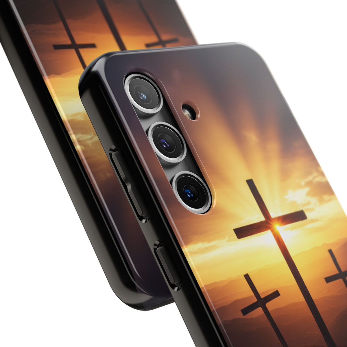 Christian Phone Case — "For God So Loved The World" (John 3:16) Three Crosses Sunset Design