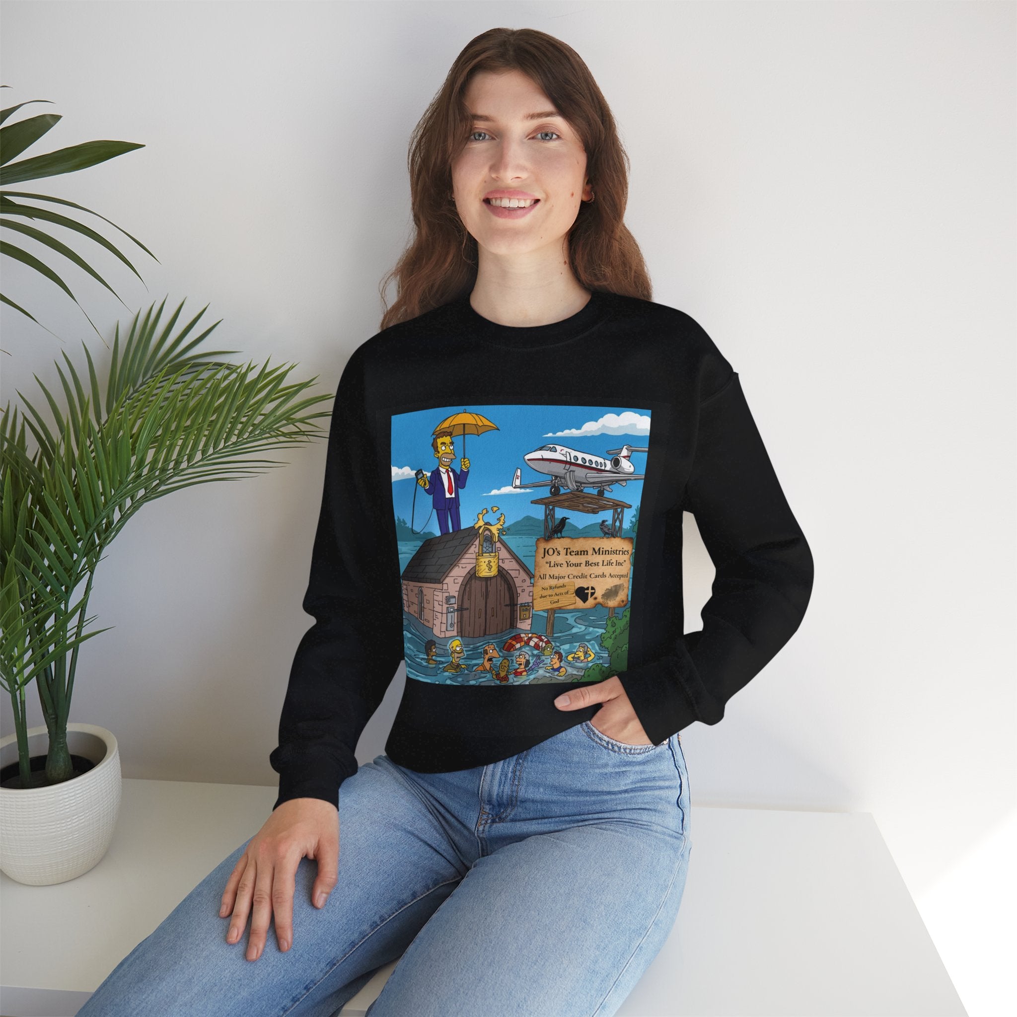 Prosperity Gospel Parody Sweatshirt – ‘JO’s Team Ministries’ Flood Cartoon Satire