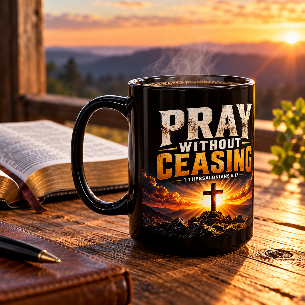 Pray Without Ceasing — Cross & Sunrise Black Mug