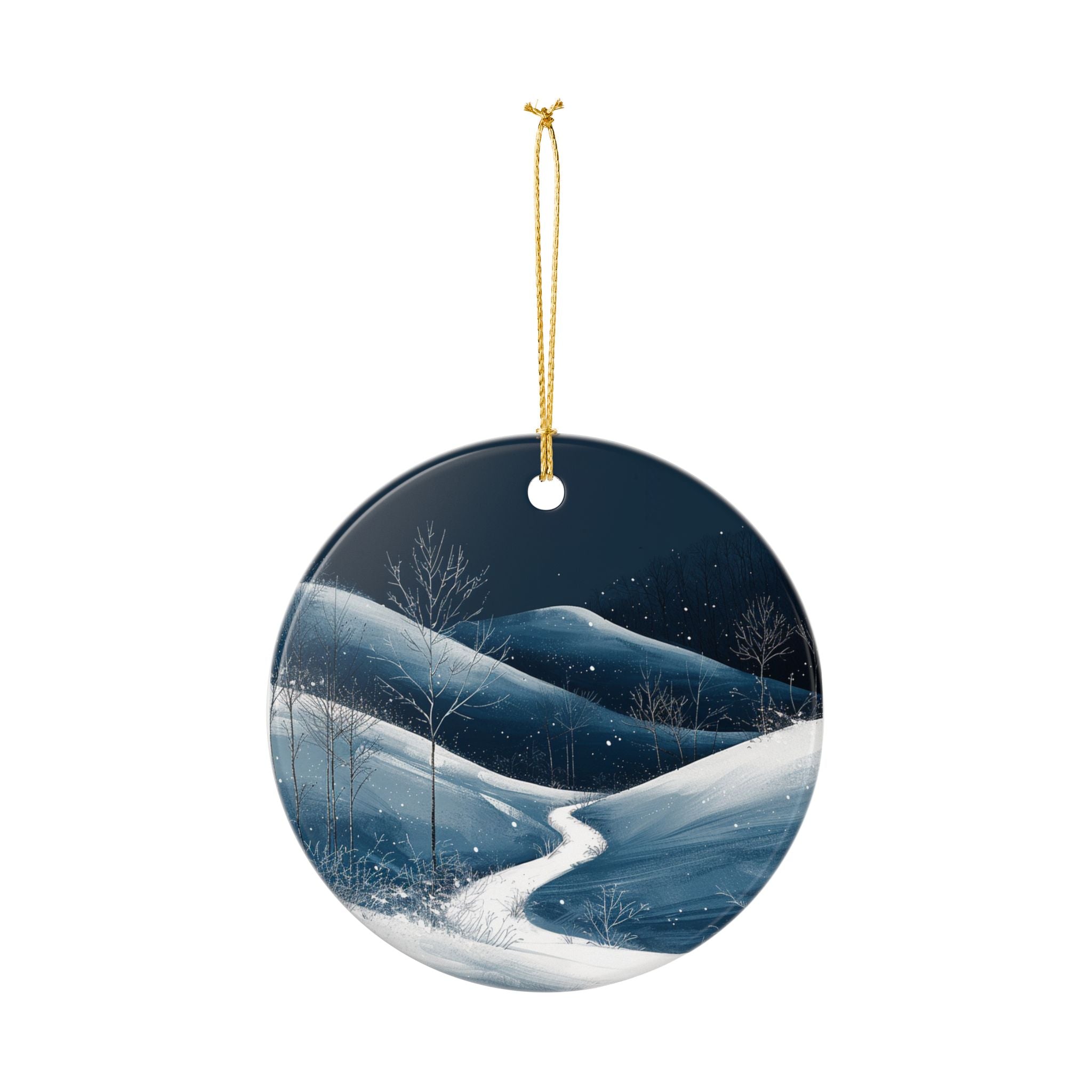 Winter Night Ceramic Ornament — Snowy Mountain Path (2-Sided)