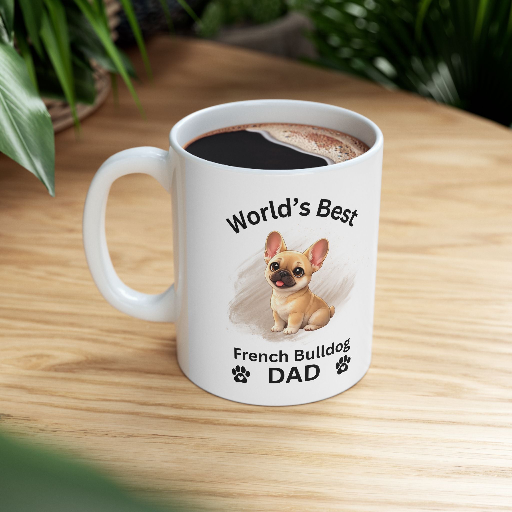 Mug with a dog illustration and text on a wooden table