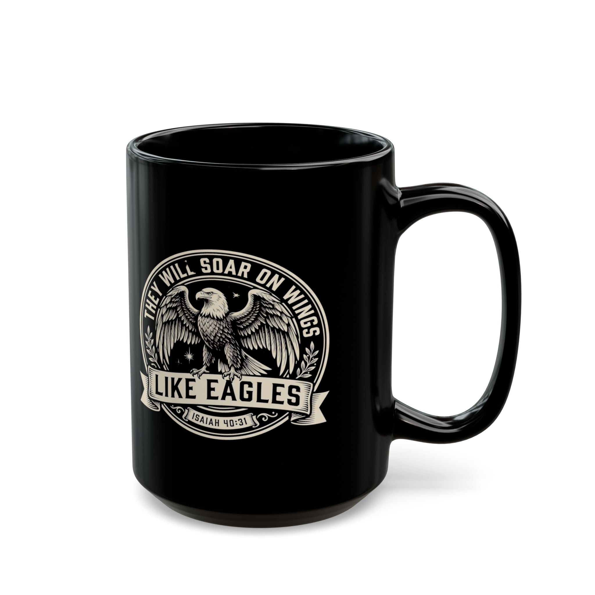 Eagle Emblem Black Ceramic Mug — They Will Soar on Wings Like Eagles — Isaiah 40:31