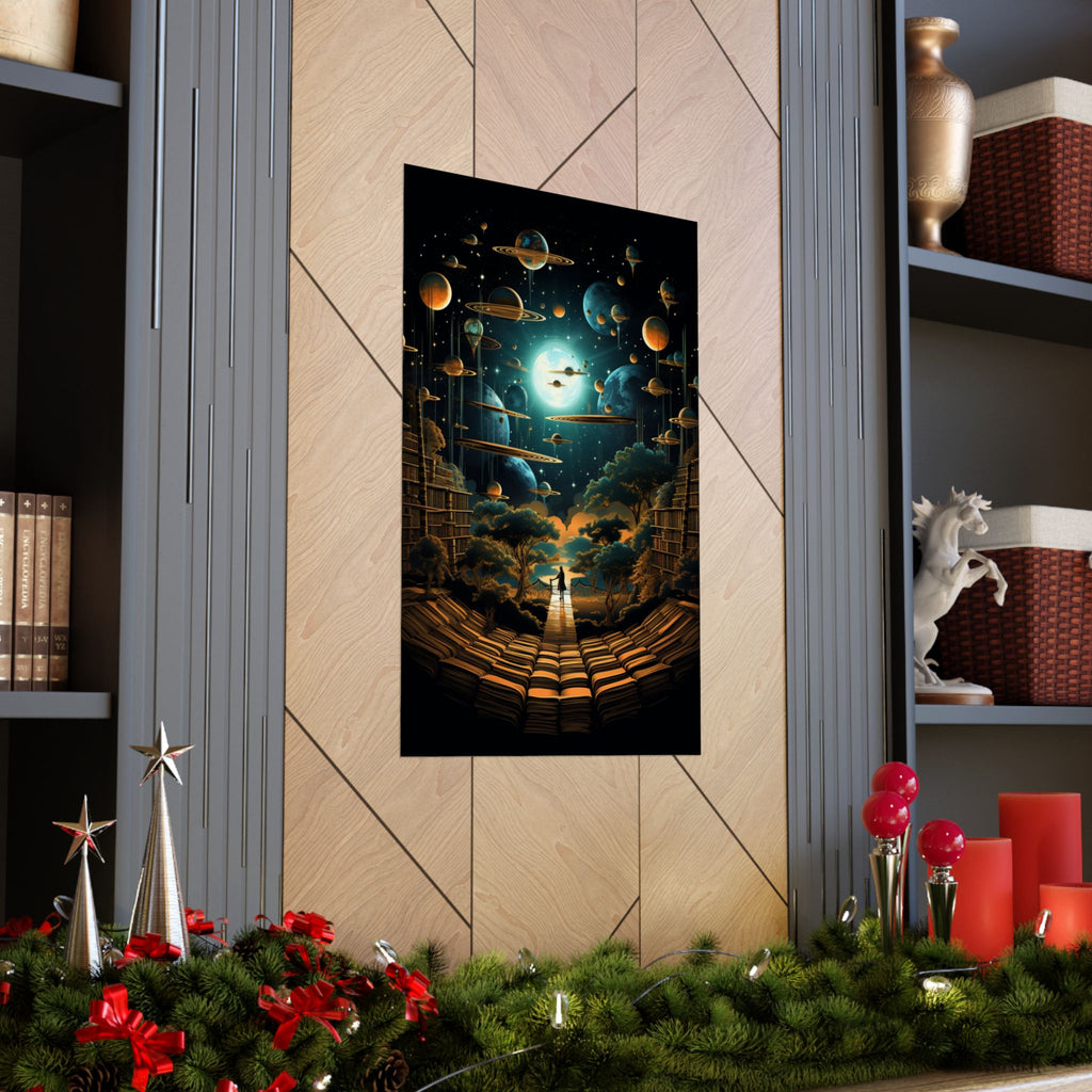 Cosmic Library of Worlds Poster – Retro Sci-Fi Fantasy Wall Art (3 Sizes)