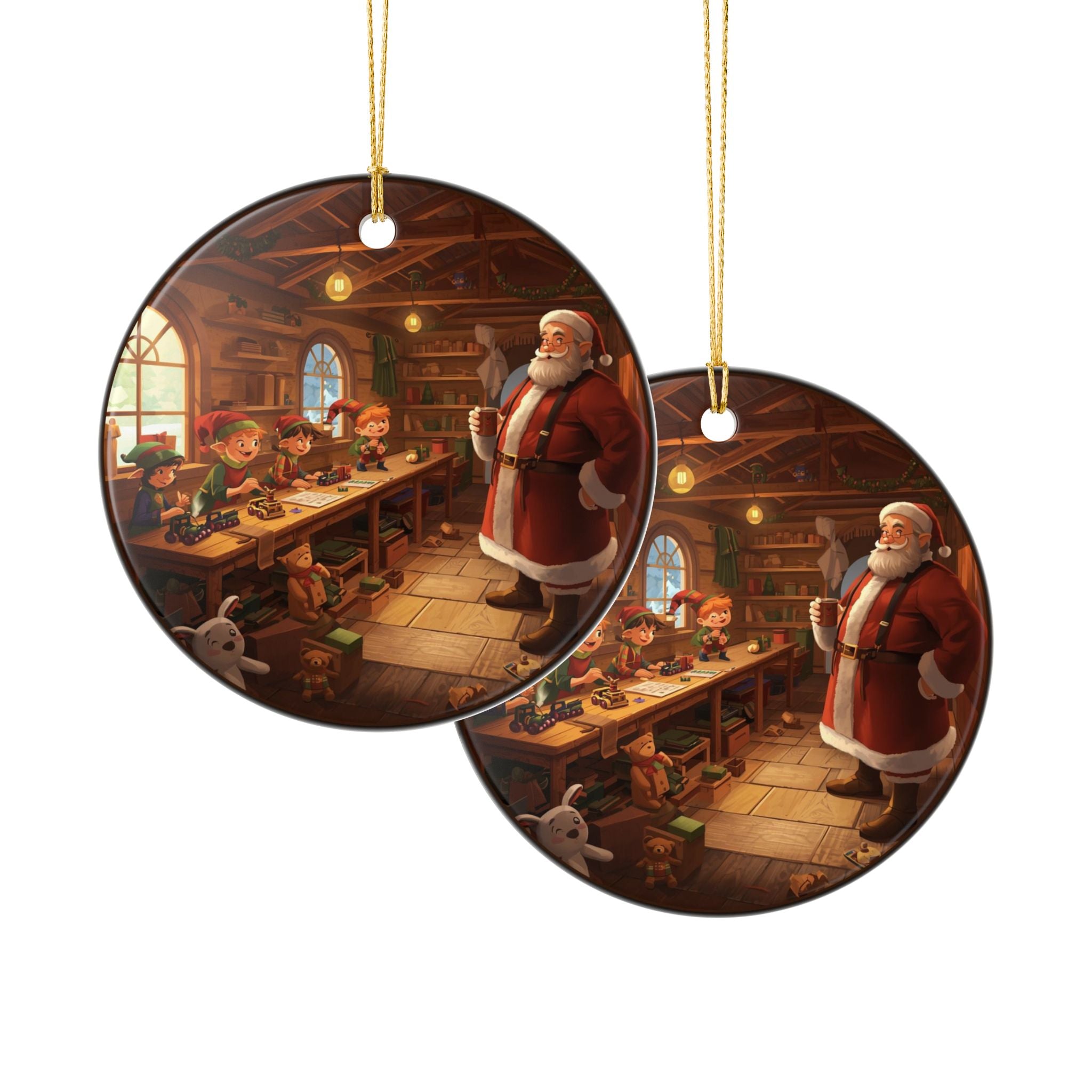 Santa & Elves Round Ornament (Double-Sided)