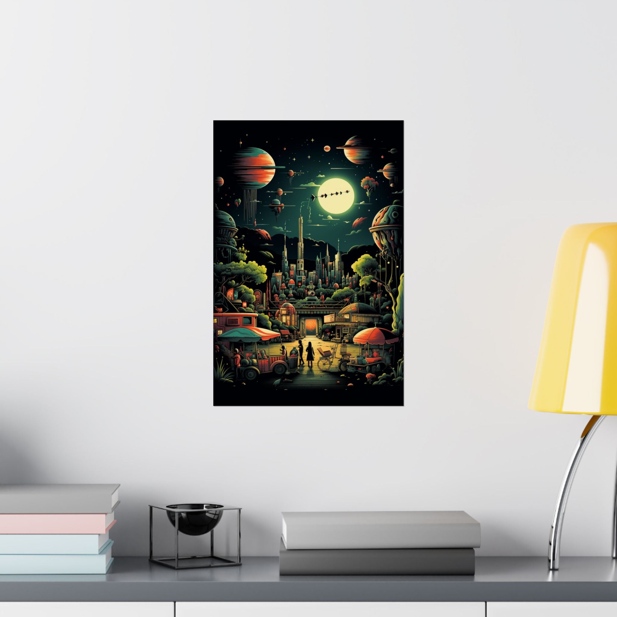 Retro Futuristic City Market Poster – Cosmic Sci-Fi Wall Art (3 Sizes)