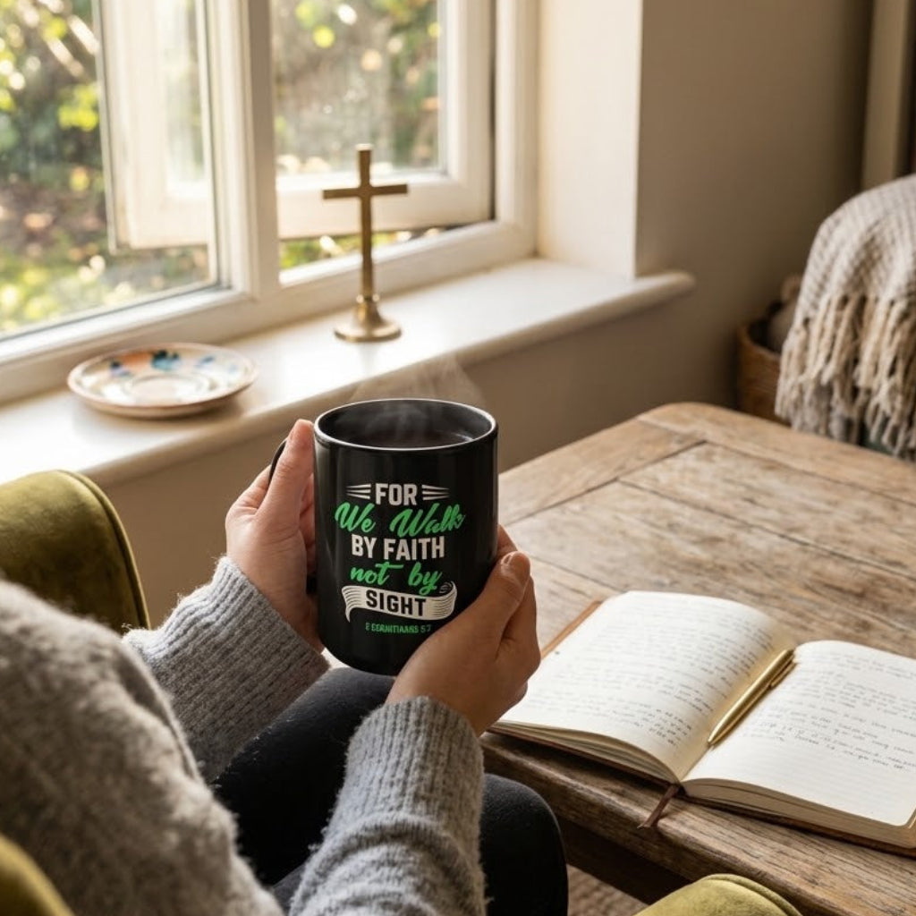 Person holding a black Christian mug reading “For We Walk by Faith, Not by Sight” beside an open Bible and cross in a sunlit room.