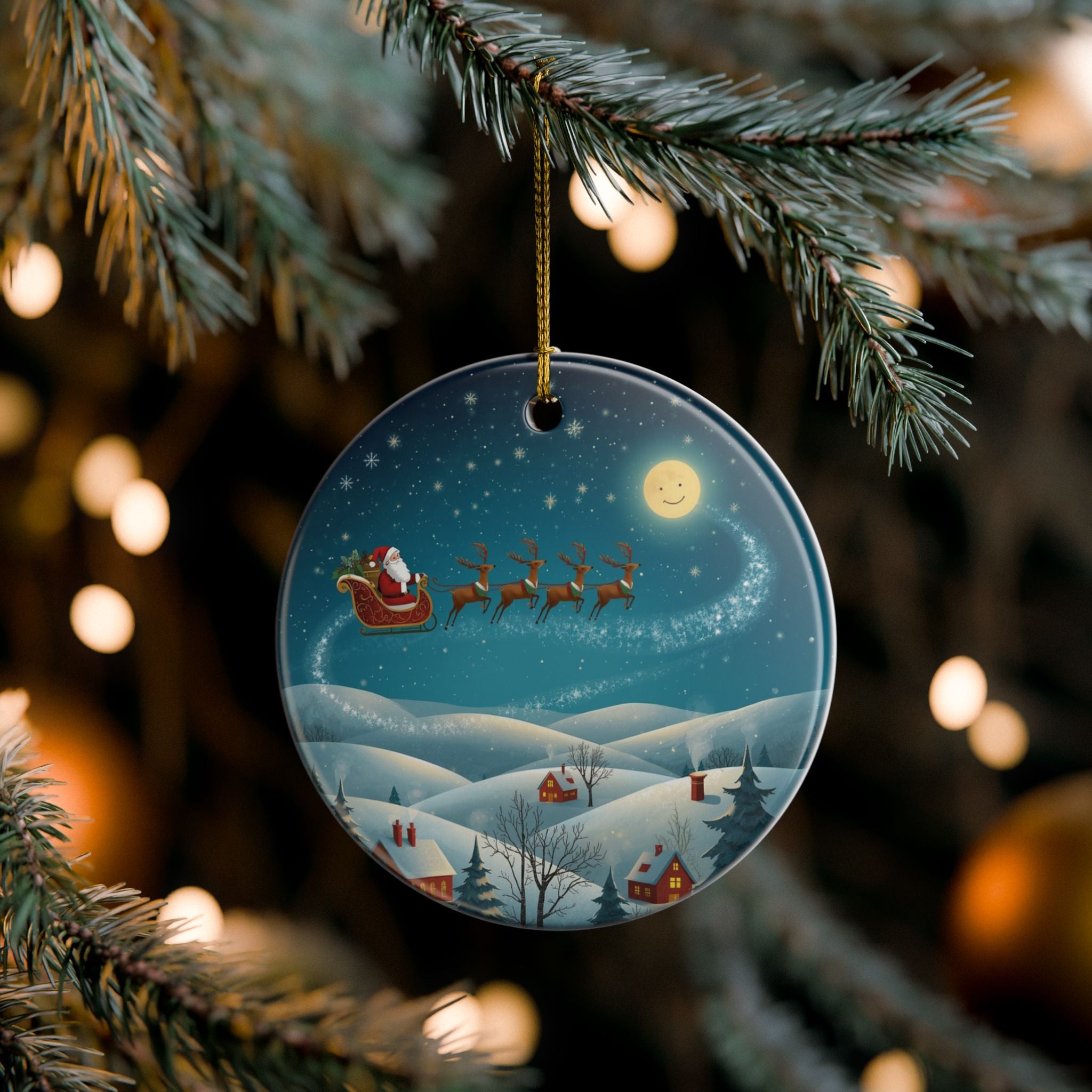 Santa Sleigh Over Snowy Village Ornament
