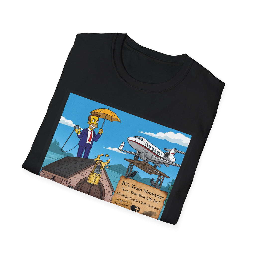 Prosperity Gospel Parody T-Shirt – “JO’s Team Ministries” Simpsons-Style Satire Tee
