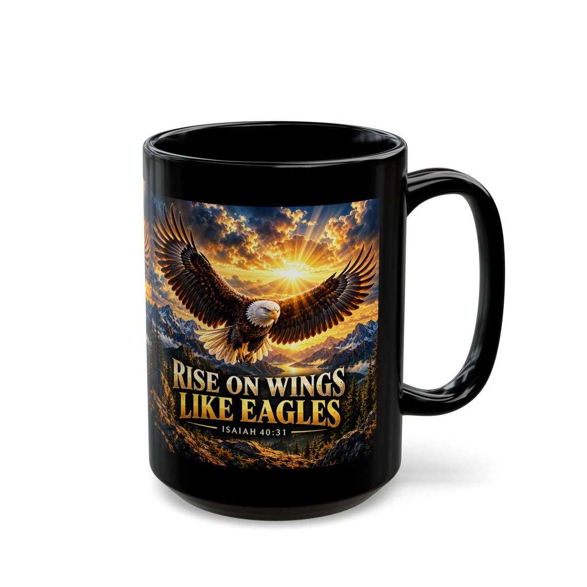 Black ceramic Rise on Wings Like Eagles mug featuring a soaring bald eagle, golden sunrise, mountain landscape, and Isaiah 40:31 Scripture reference on a white background.