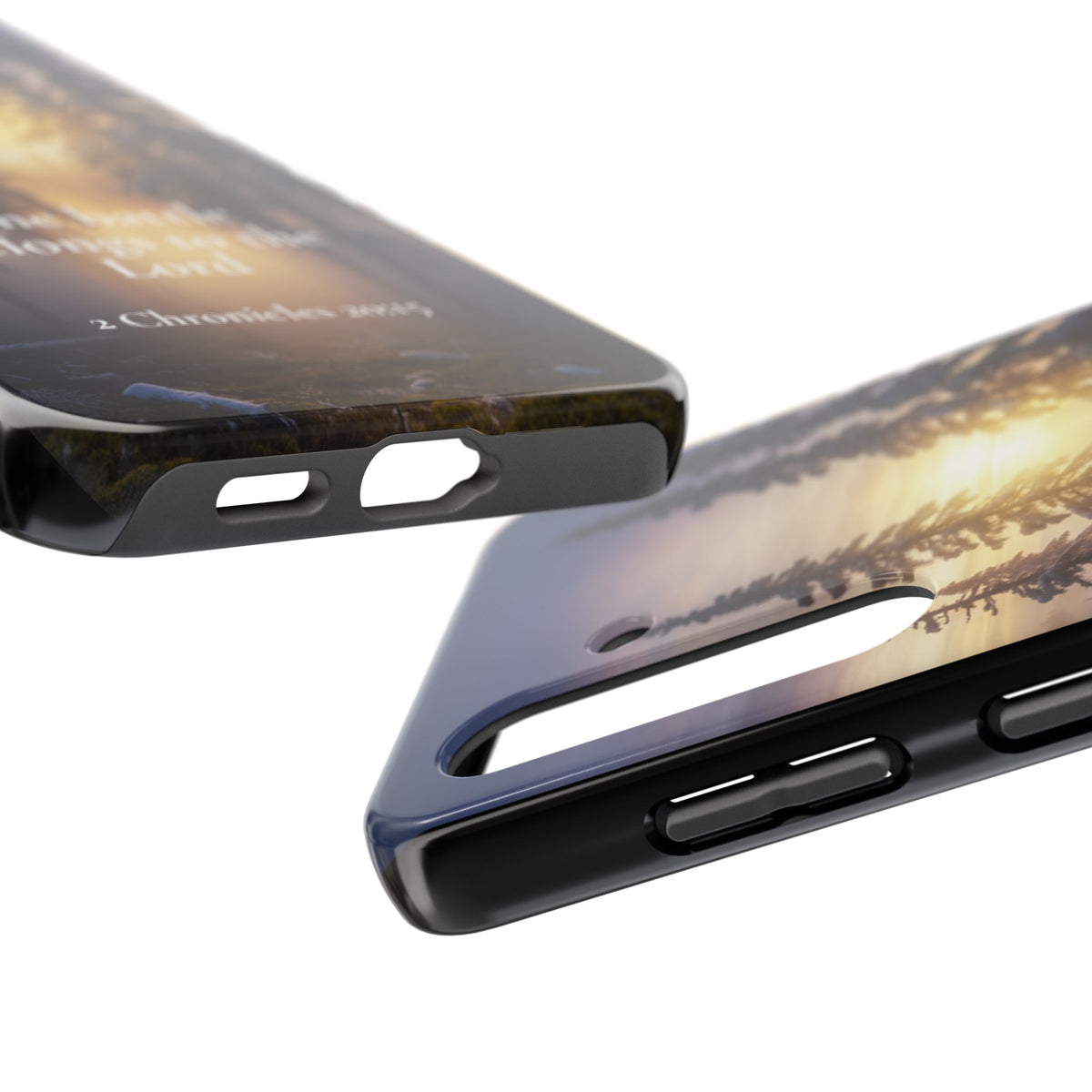 Christian Phone Case — "The Battle Belongs to the Lord" (2 Chronicles 20:15) Forest Sunrise Design