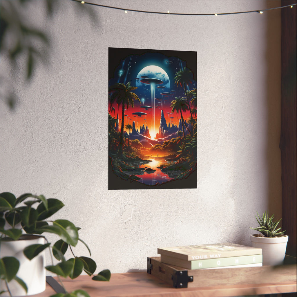 Interstellar Cityscape Alien Poster – Retro Sci-Fi Wall Art (3 Sizes)