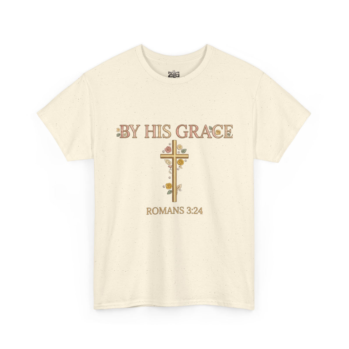 By His Grace Romans 3:24 Christian faith t-shirt in beige with gold floral cross design