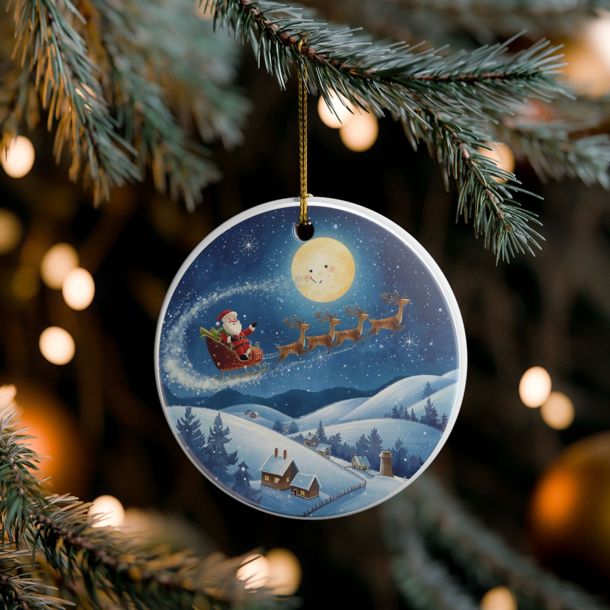 Santa & Reindeer Night Sky Ceramic Ornament