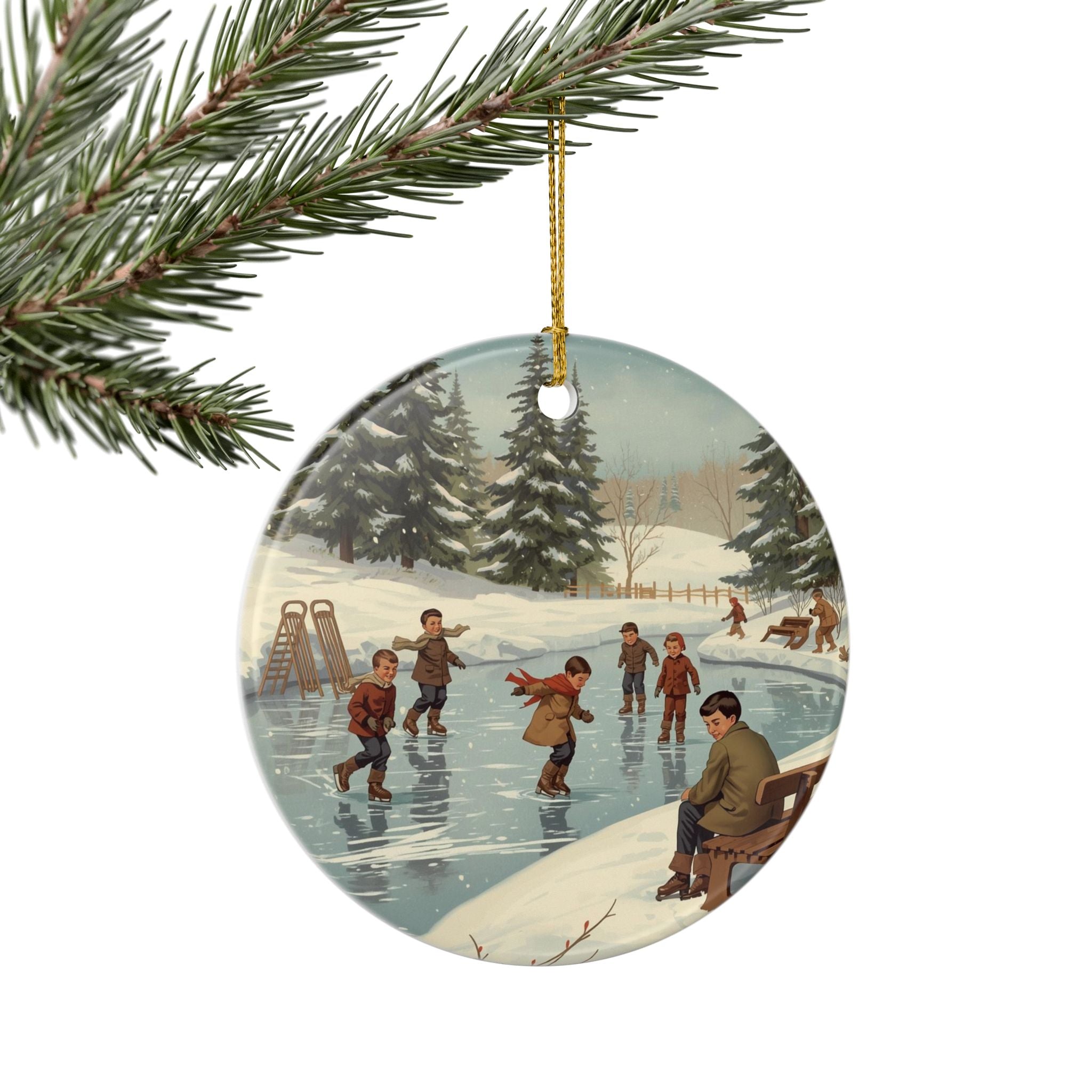 Vintage Ice Skating Scene Ornament — Retro Winter Decor