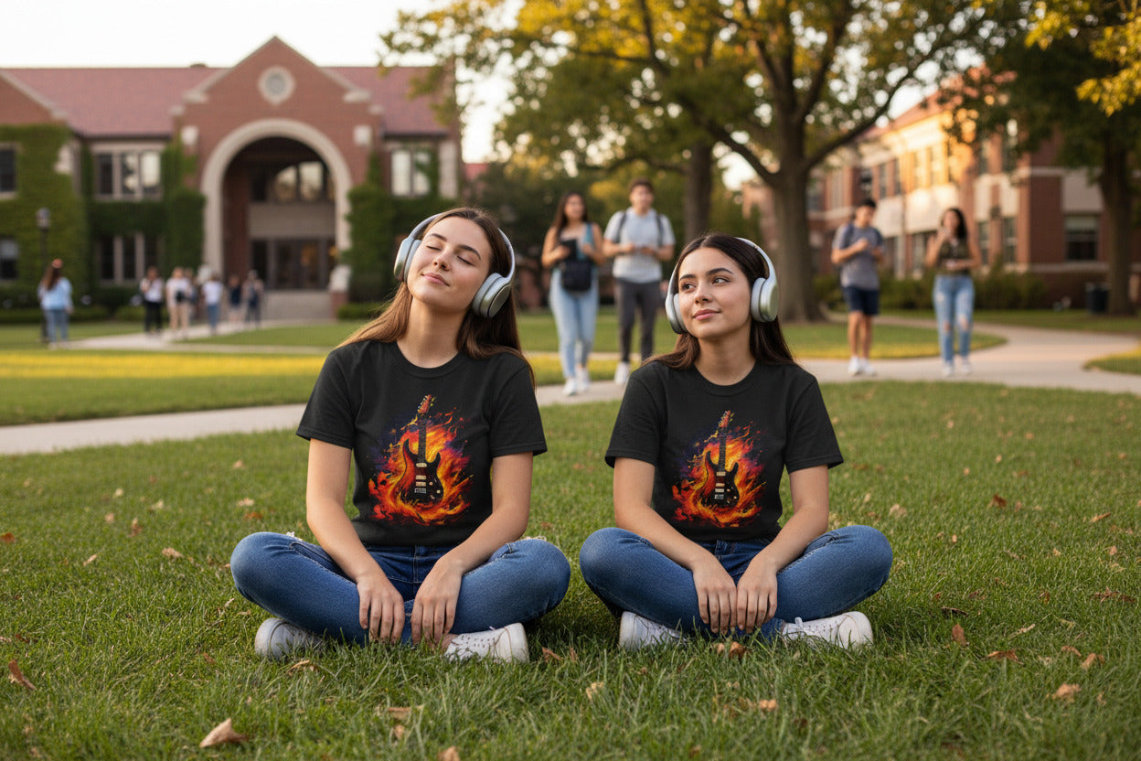 Black t-shirt with a guitar design on fire on a white background