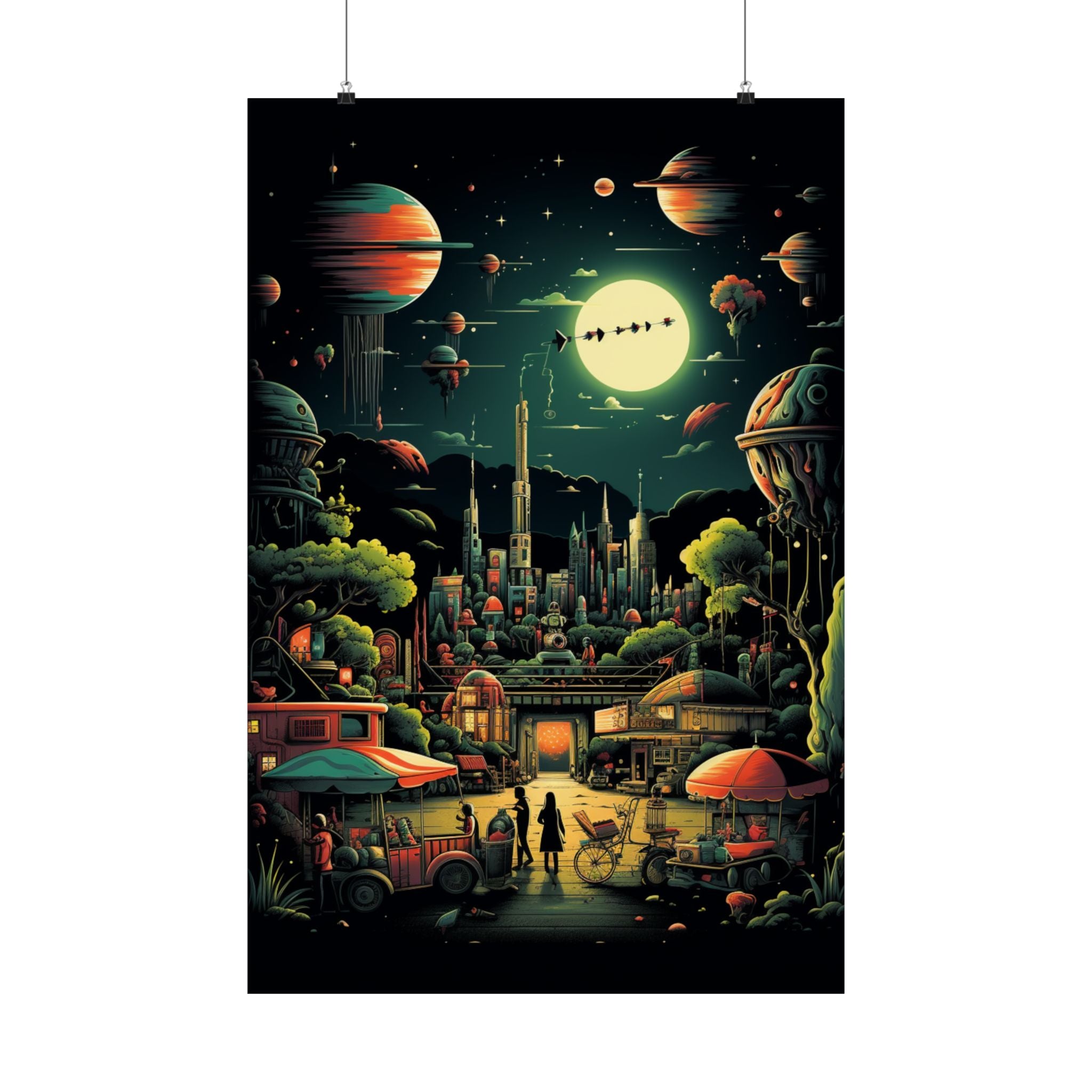 Retro Futuristic City Market Poster – Cosmic Sci-Fi Wall Art (3 Sizes)