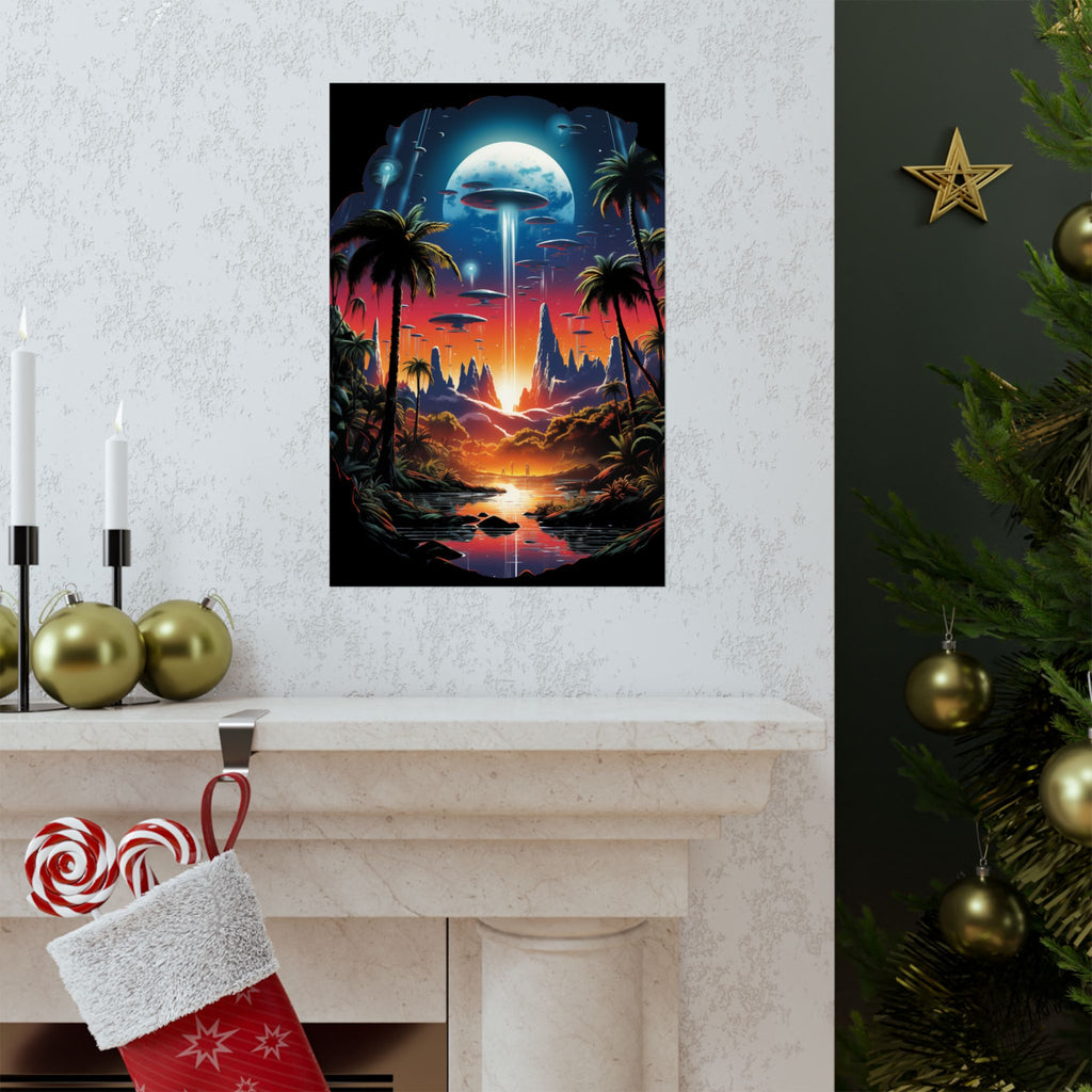 Cosmic Arrival Sunset Poster – Retro Sci-Fi Wall Art (3 Sizes)