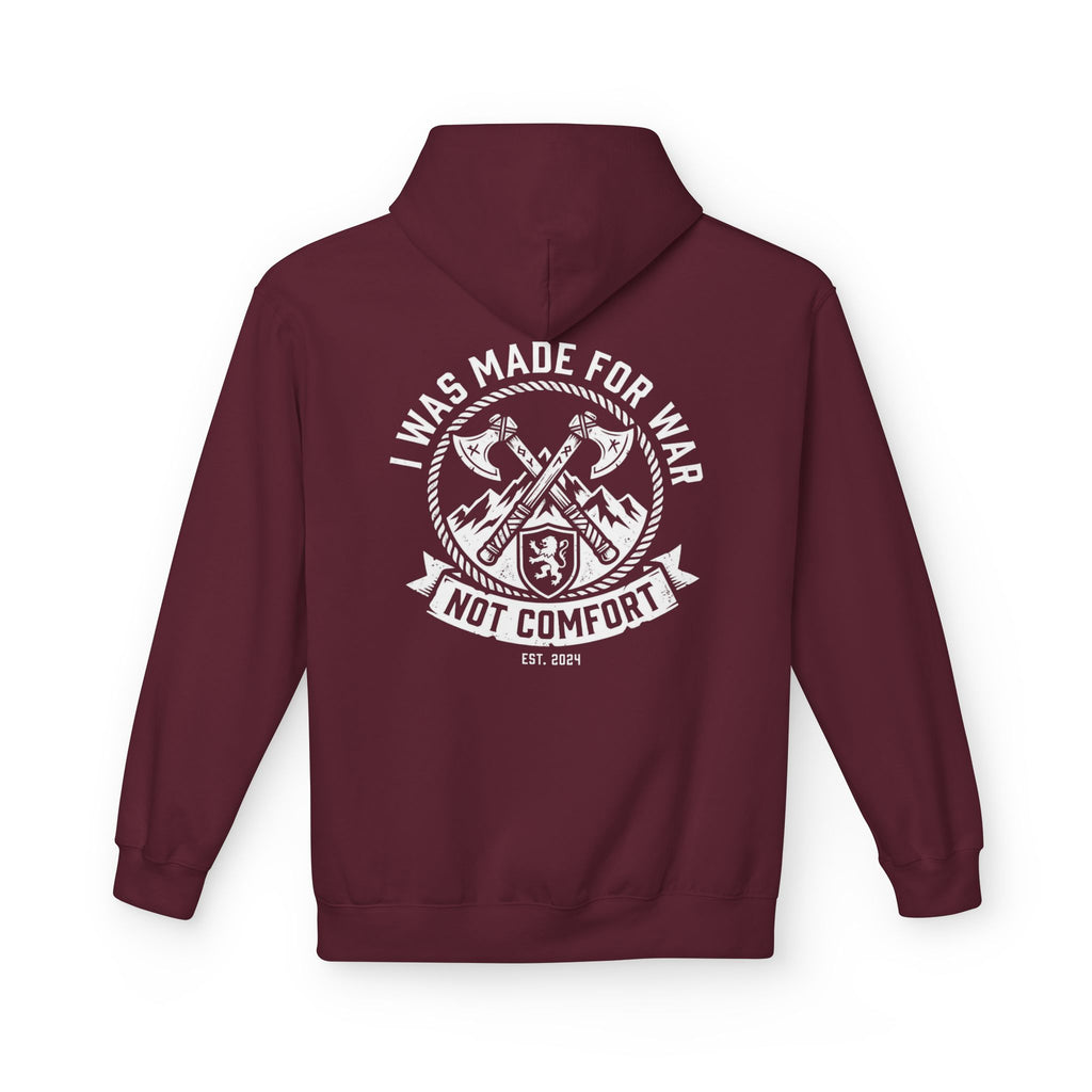 I Was Made for War Not Comfort faith warrior hoodie in maroon, back print view
