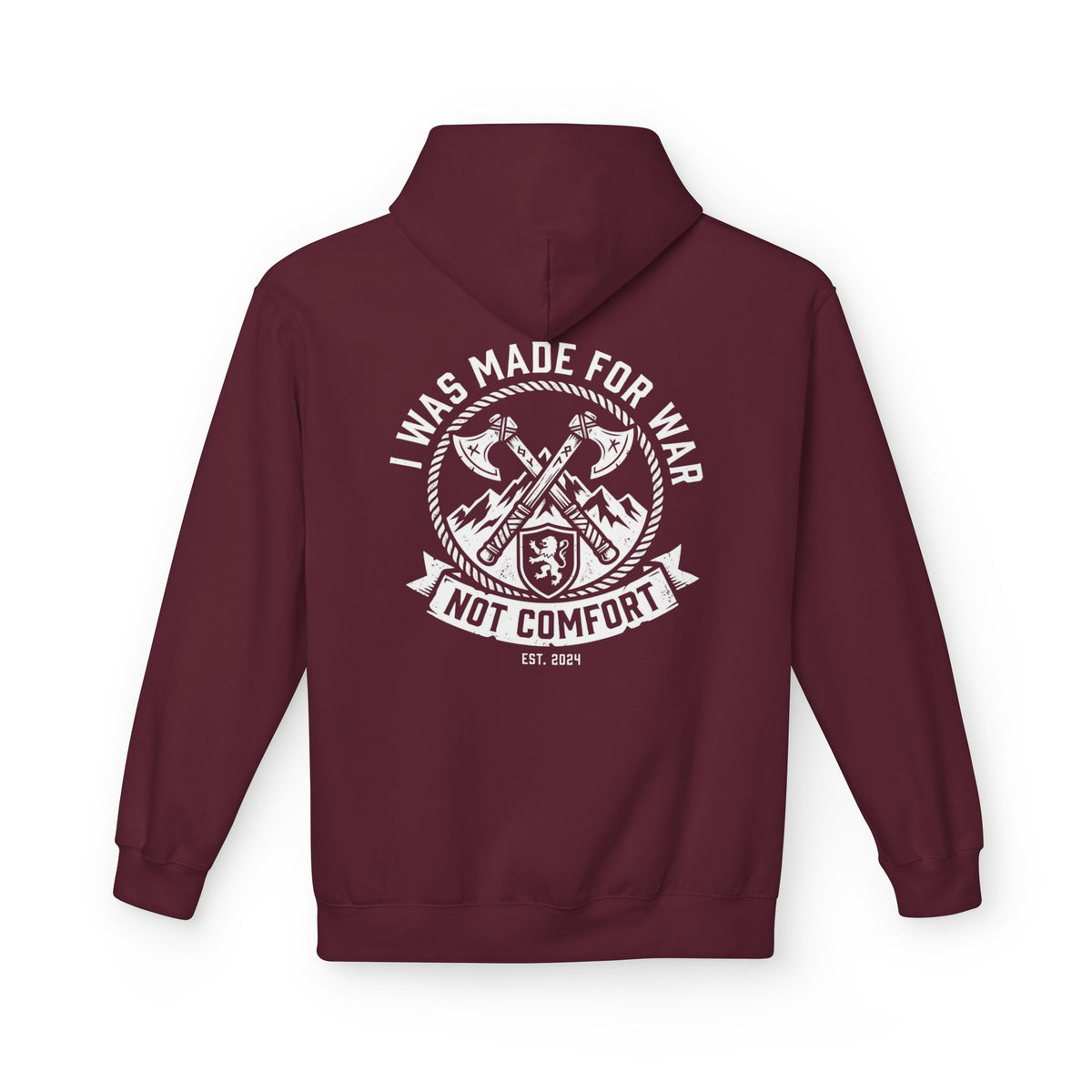 I Was Made for War Not Comfort faith warrior hoodie in maroon, back print view