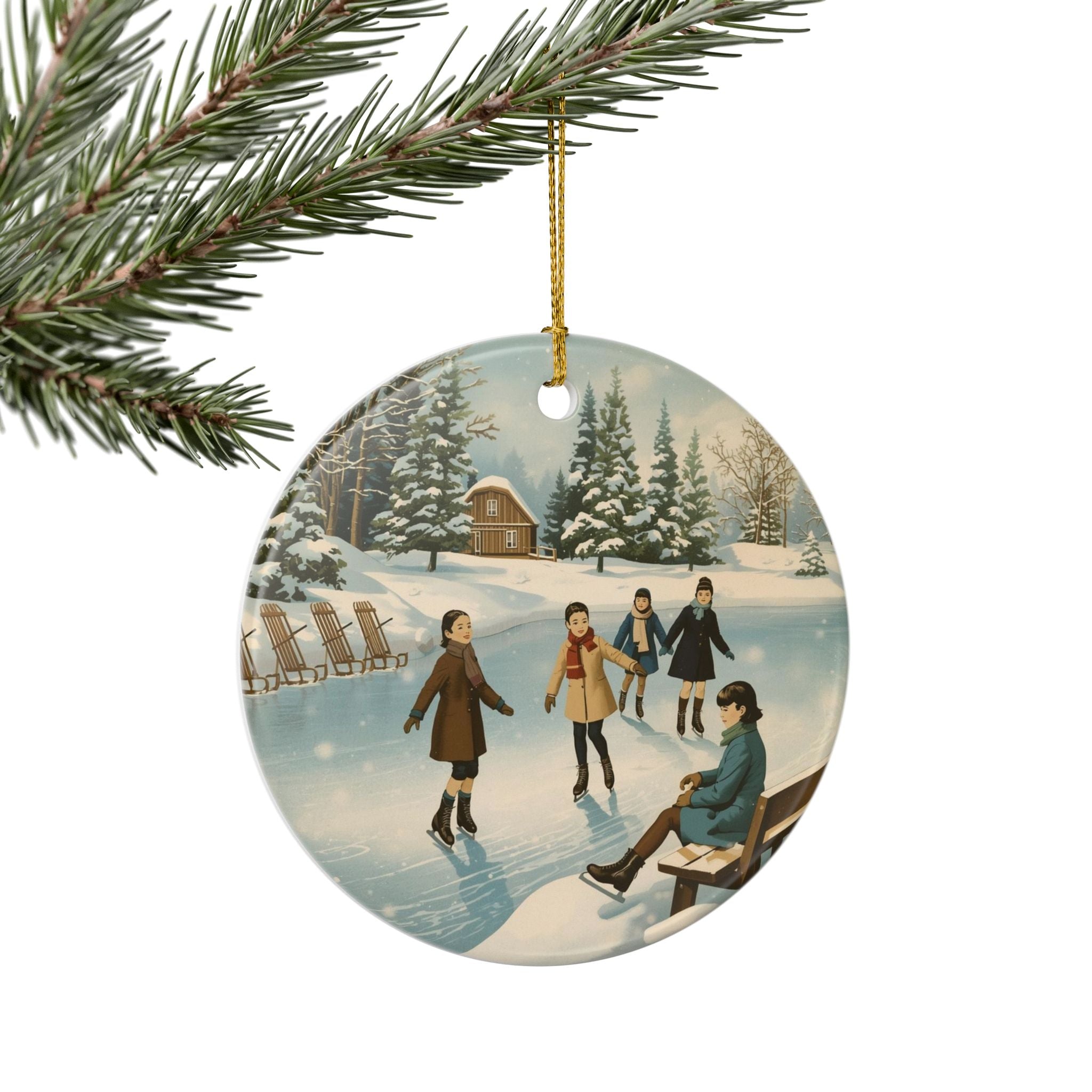 Vintage Ice Skating Ornament — Round Holiday Scene