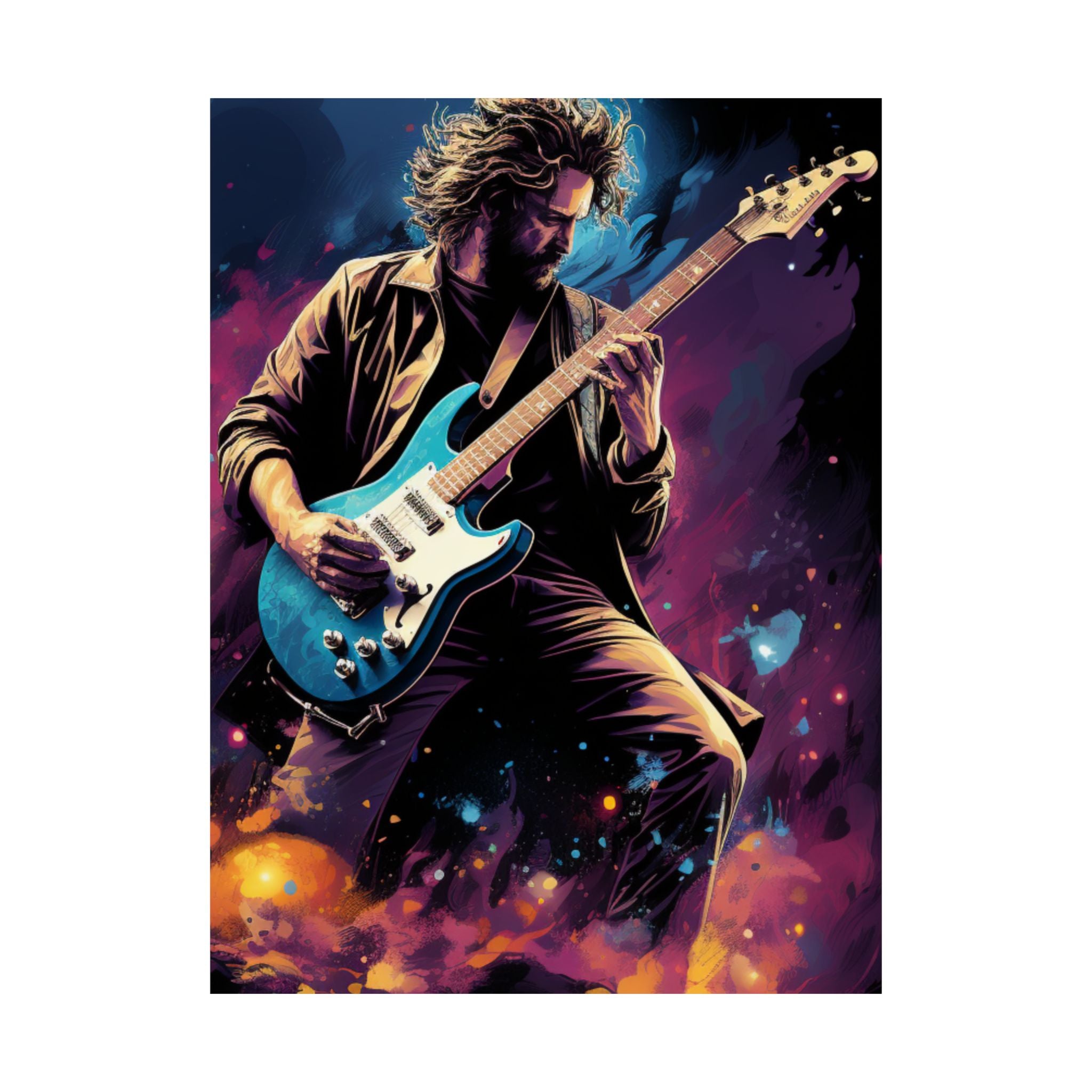 Illustration of a person playing an electric guitar with a colorful, abstract background