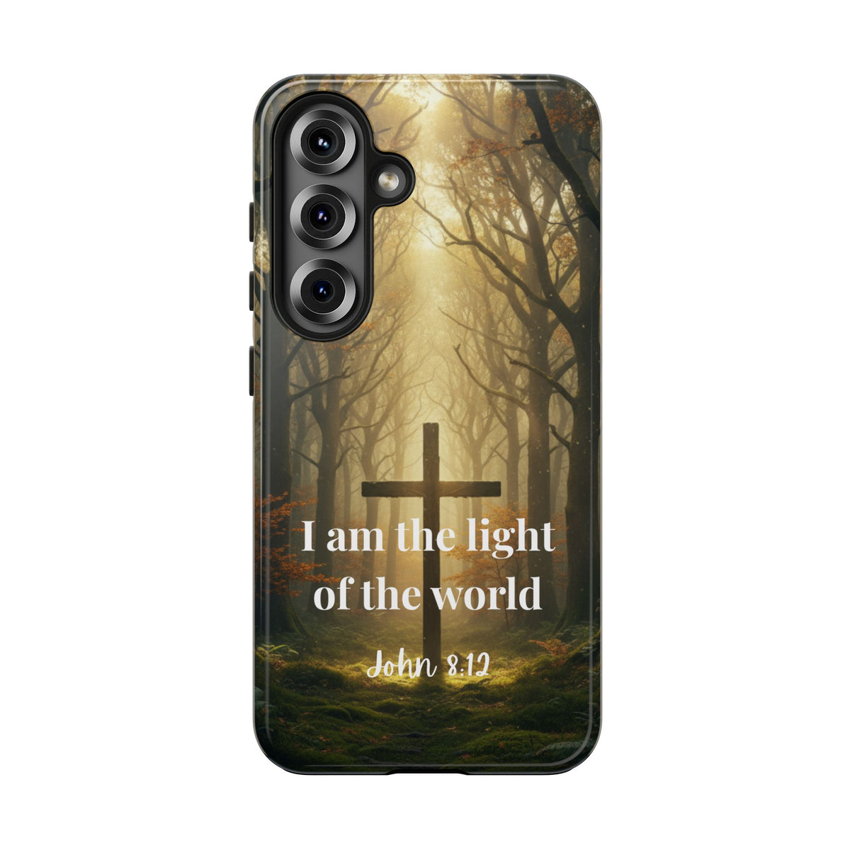 Christian Phone Case — "I Am the Light of the World" (John 8:12) Forest Cross Design