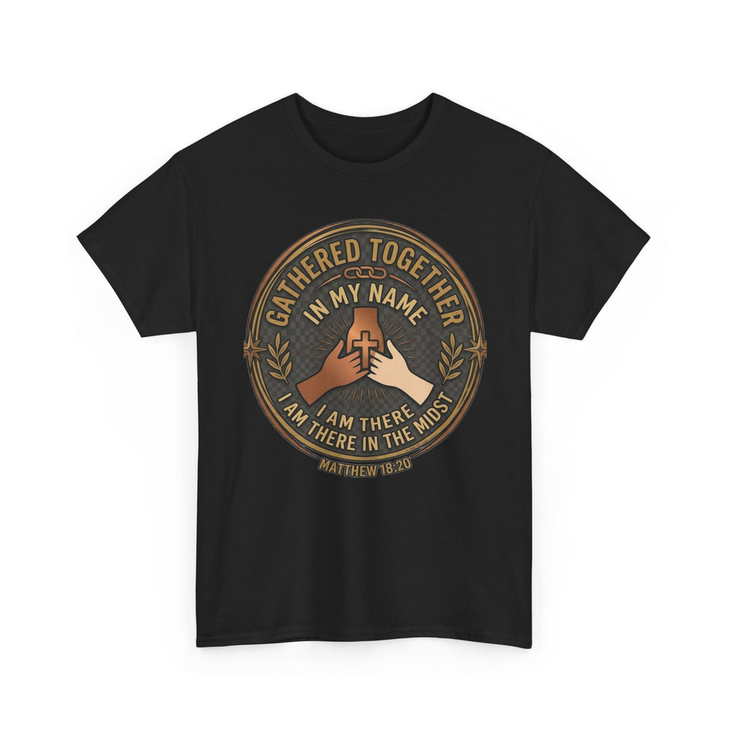 Flat lay of a black Gathered Together In My Name Matthew 18:20 Christian faith t-shirt featuring a vintage circular badge design with two hands holding a cross, gold and earth tone print.