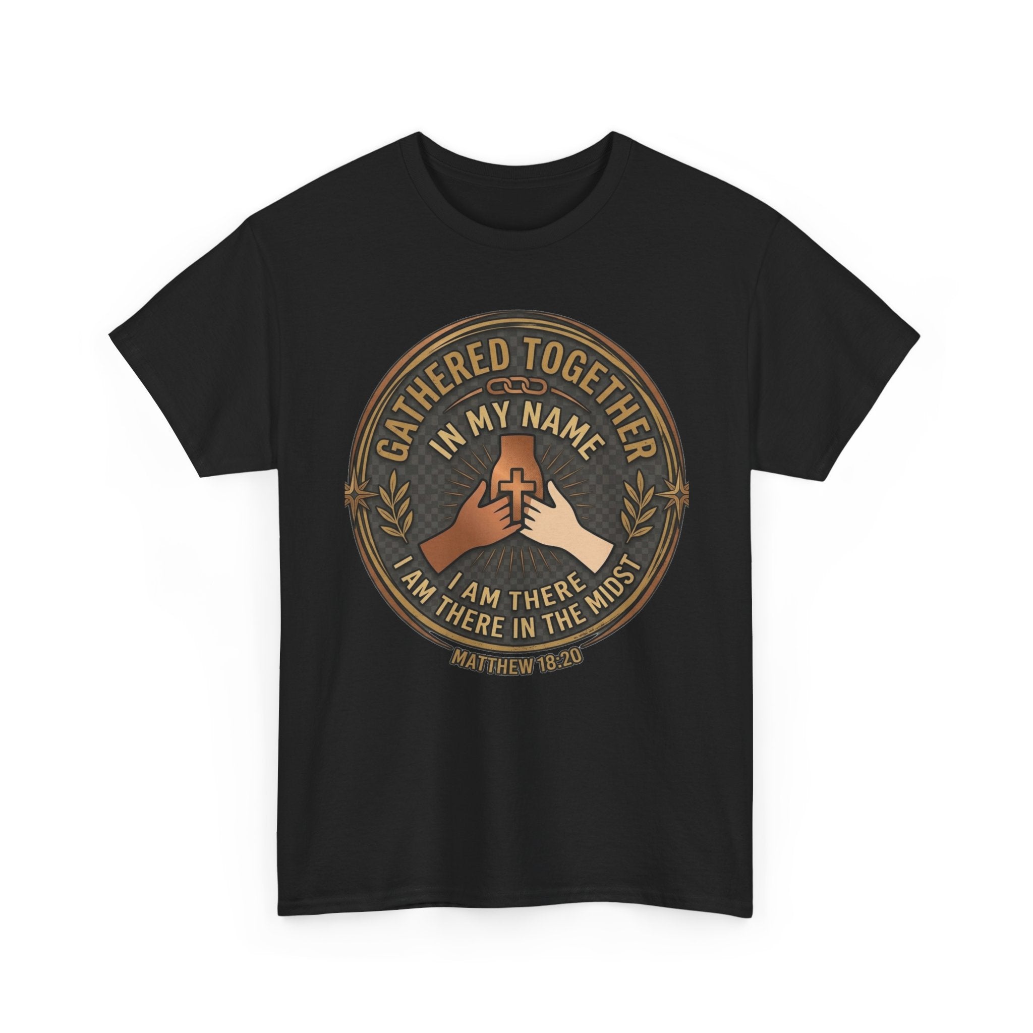 Flat lay of a black Gathered Together In My Name Matthew 18:20 Christian faith t-shirt featuring a vintage circular badge design with two hands holding a cross, gold and earth tone print.