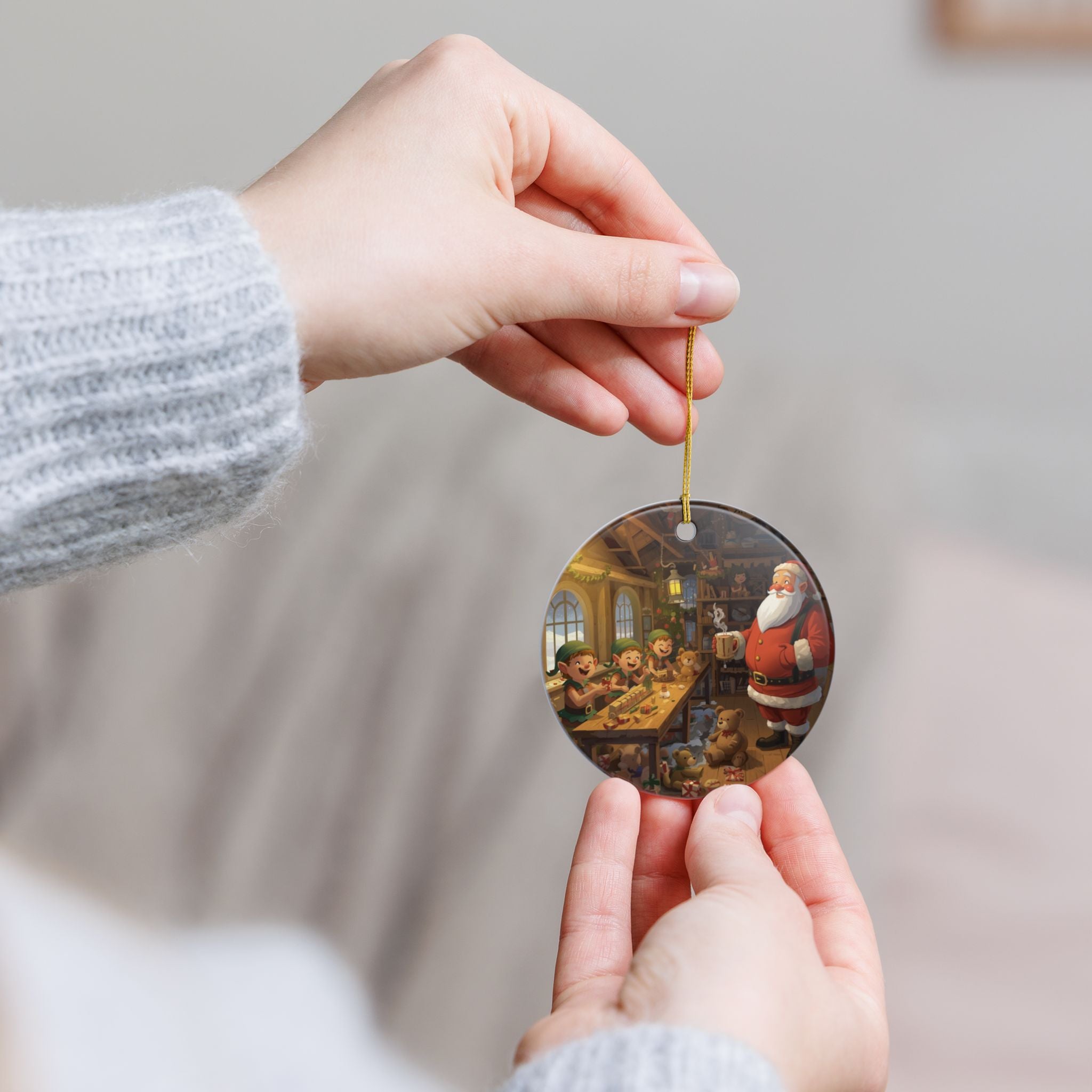 Santa & Elves Workshop Ornament — Holiday Scene