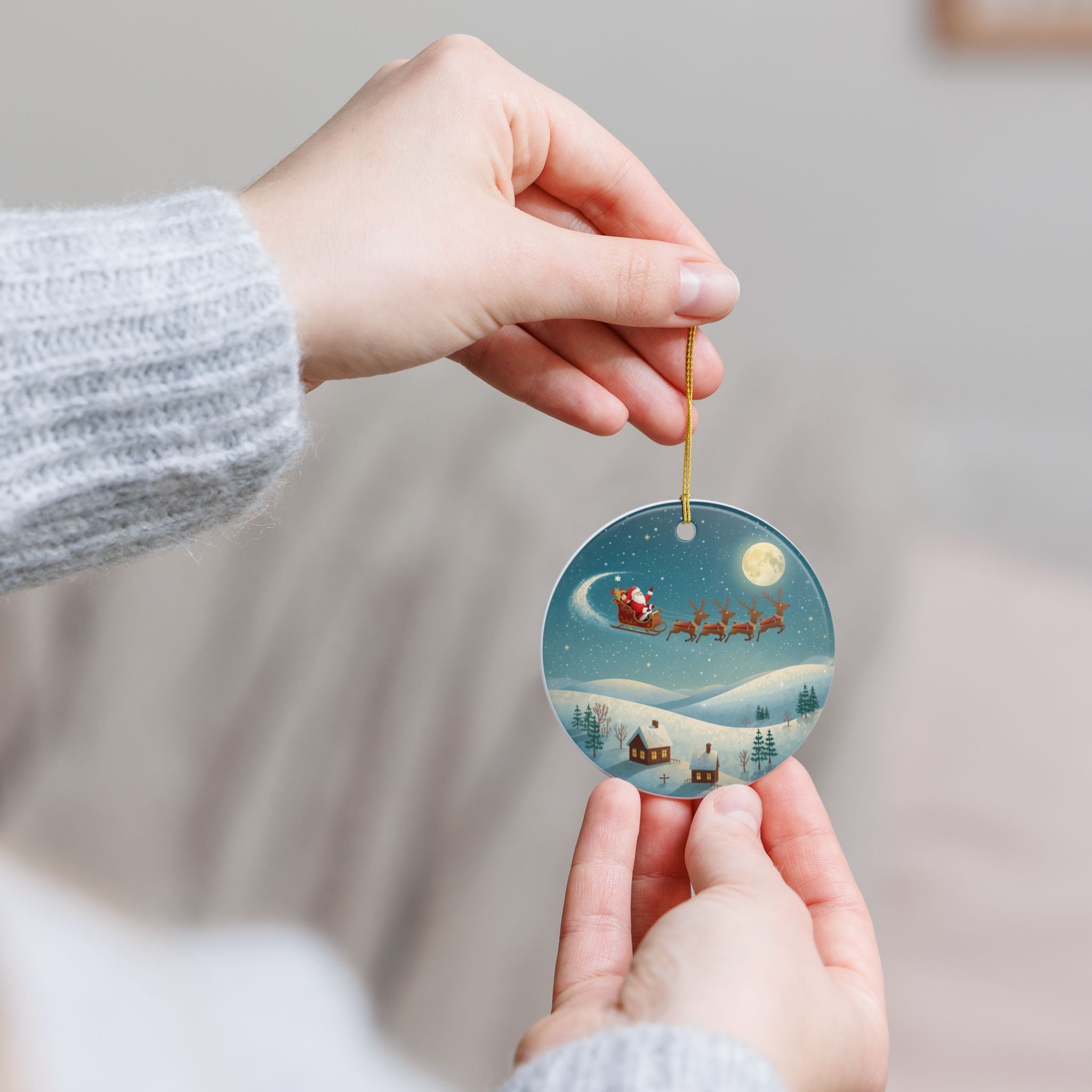 Santa Sleigh Ceramic Ornament (2-Sided)