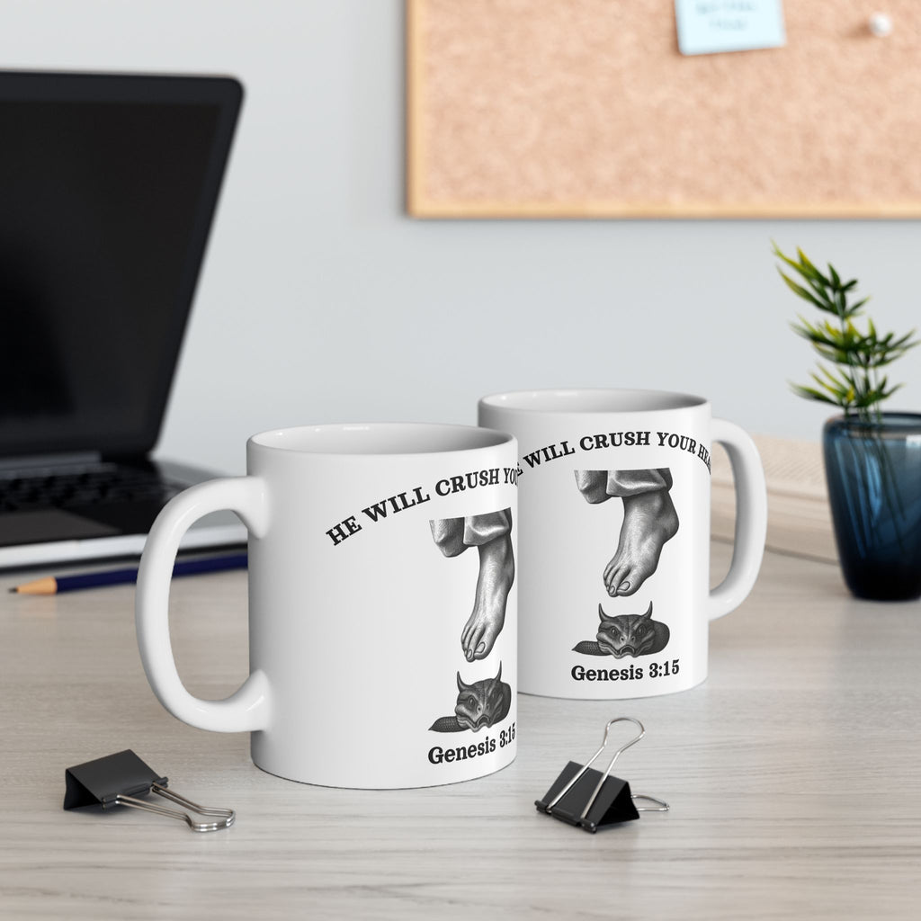 Genesis 3:15 - "He Will Crush Your Head" | Premium 15oz White Coffee Mug