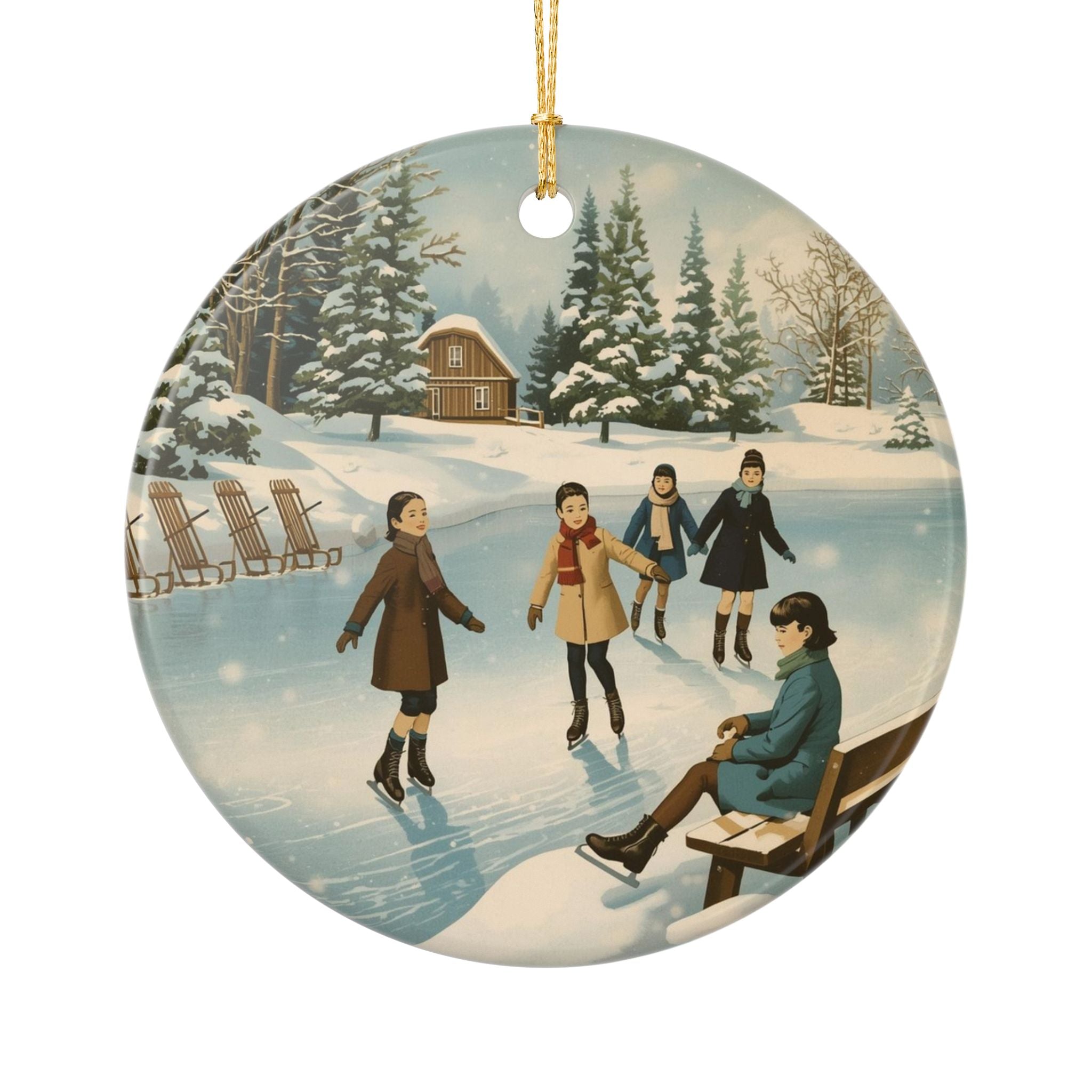 Vintage Ice Skating Ornament — Round Holiday Scene