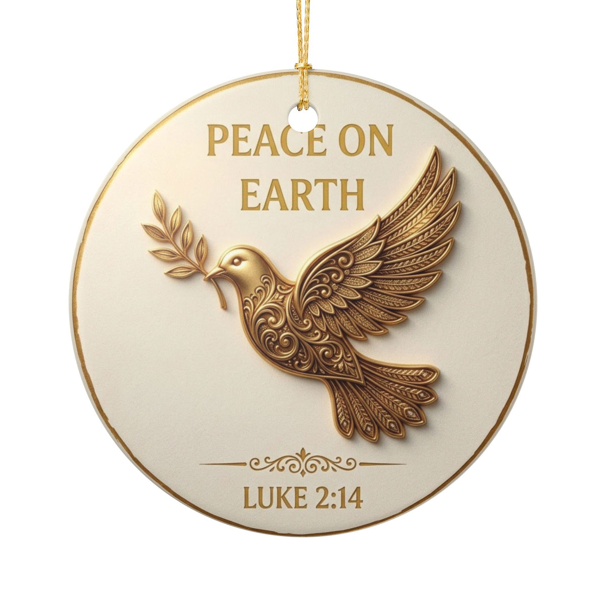 Round cream ceramic Christmas ornament with gold filigree dove carrying an olive branch, text reading Peace on Earth and Luke 2:14 with gold hanging string