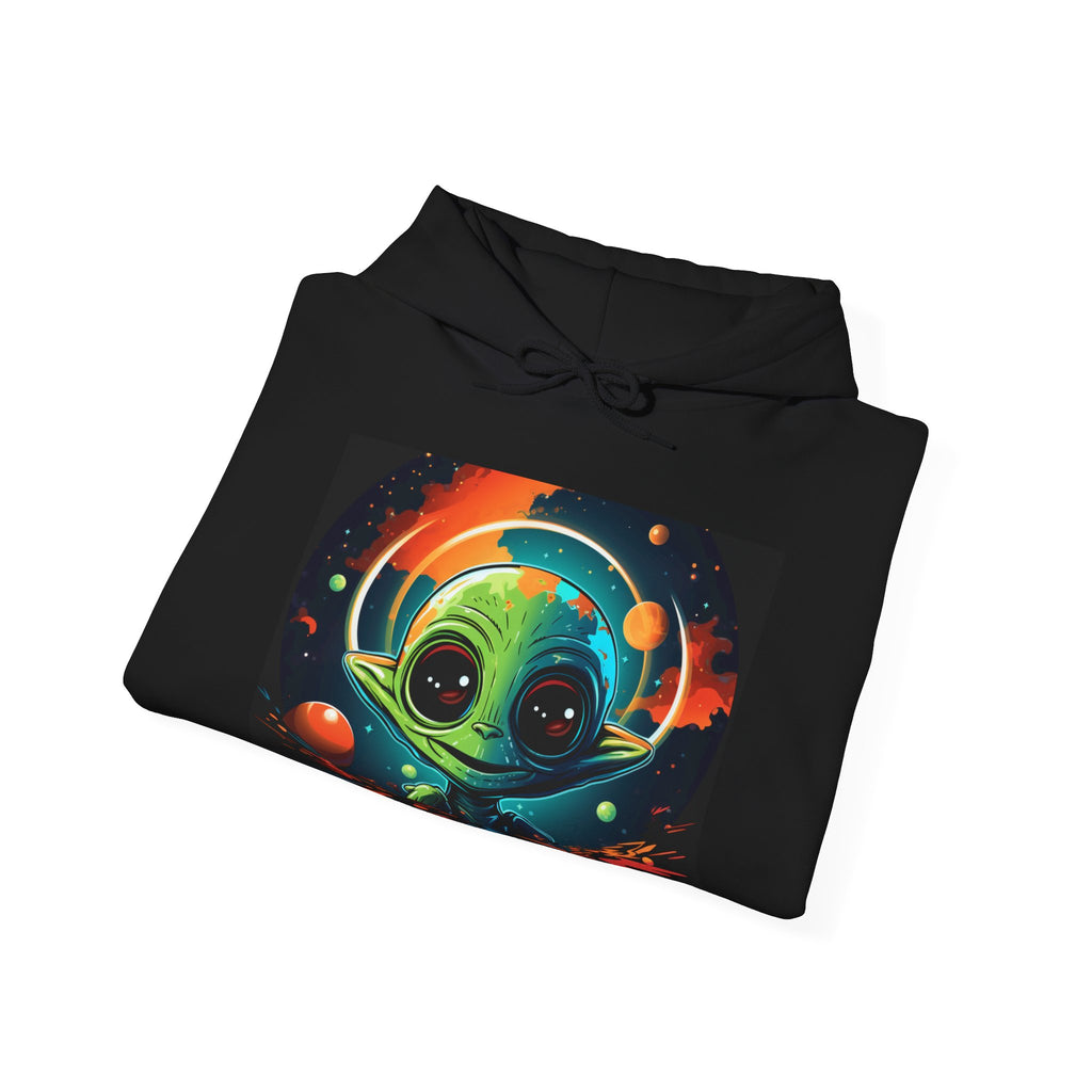 Cosmic Cutie Alien Hoodie – Vibrant Outer Space Art on Black