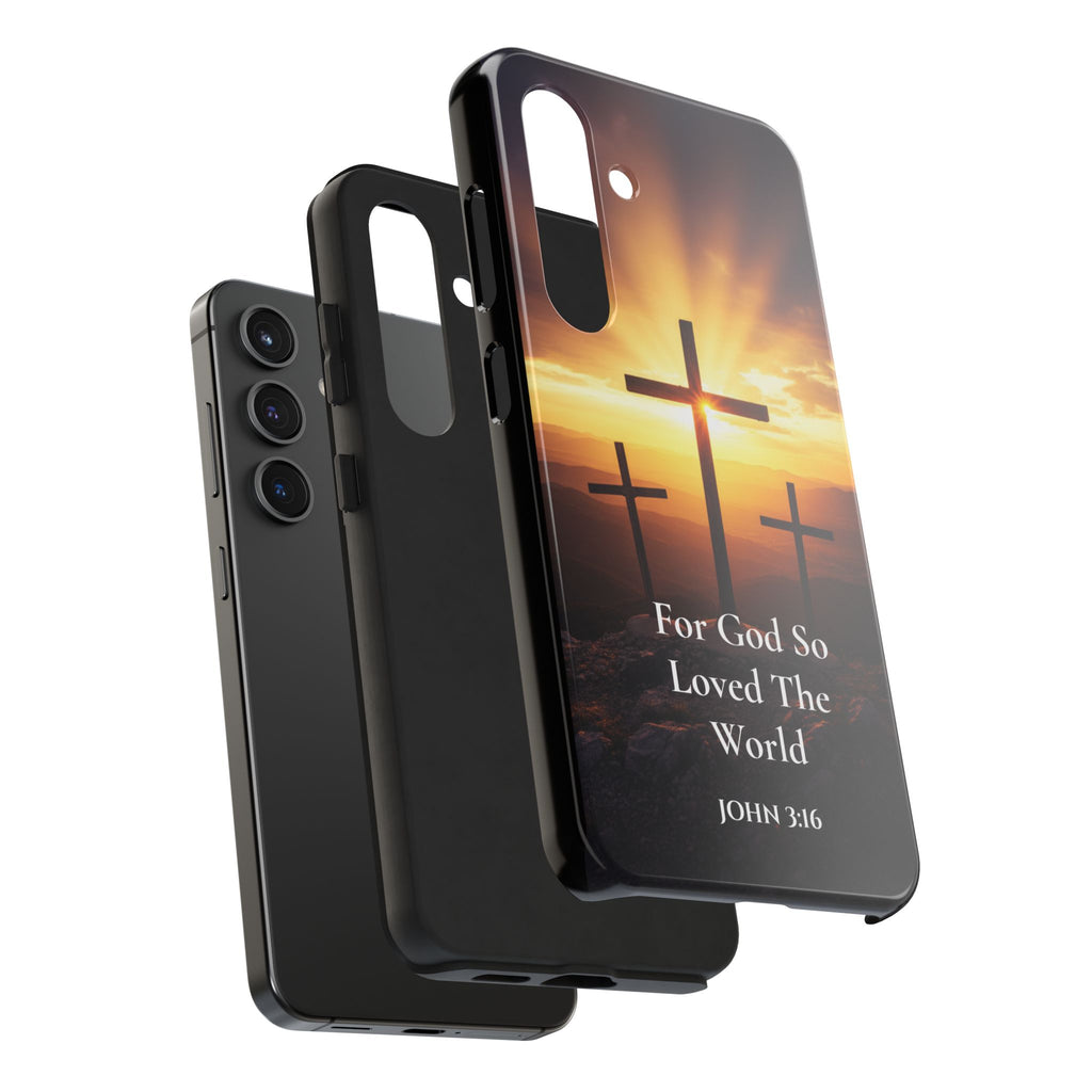 Christian Phone Case — "For God So Loved The World" (John 3:16) Three Crosses Sunset Design