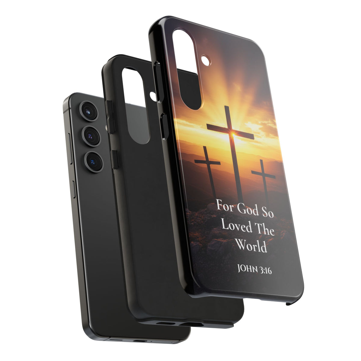 Christian Phone Case — "For God So Loved The World" (John 3:16) Three Crosses Sunset Design