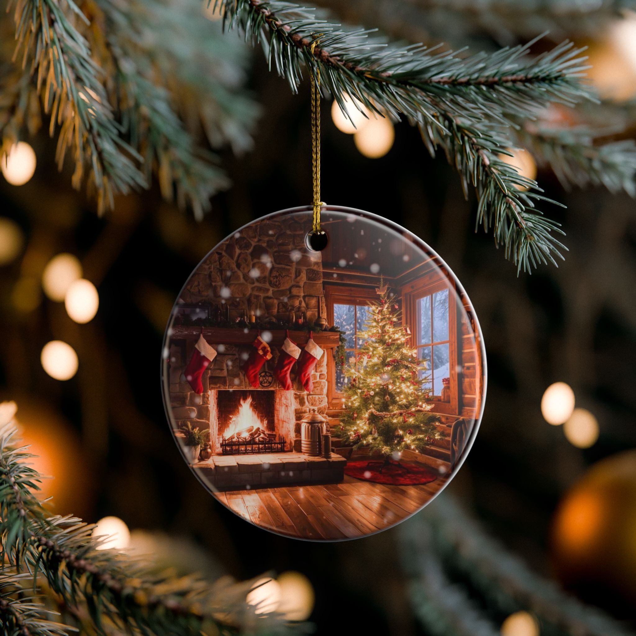 Cozy Fireplace & Christmas Tree Ceramic Ornament