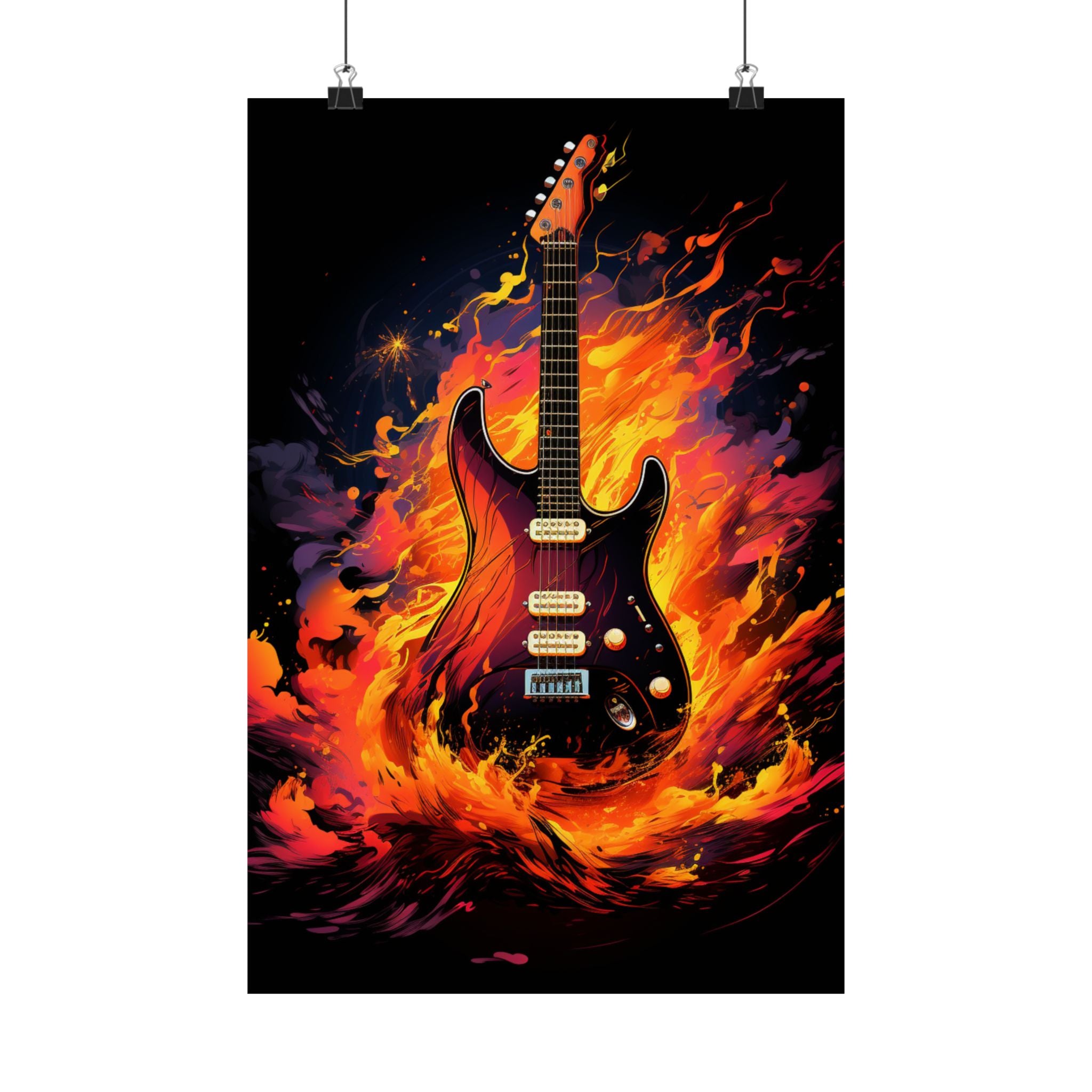 Ignite the Sound - Flaming Electric Guitar Matte Vertical Poster — Rock Music Wall Art
