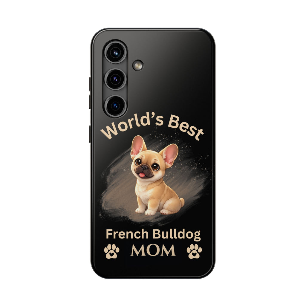Phone case with a French Bulldog illustration and text 'World's Best French Bulldog Mom' on a black background