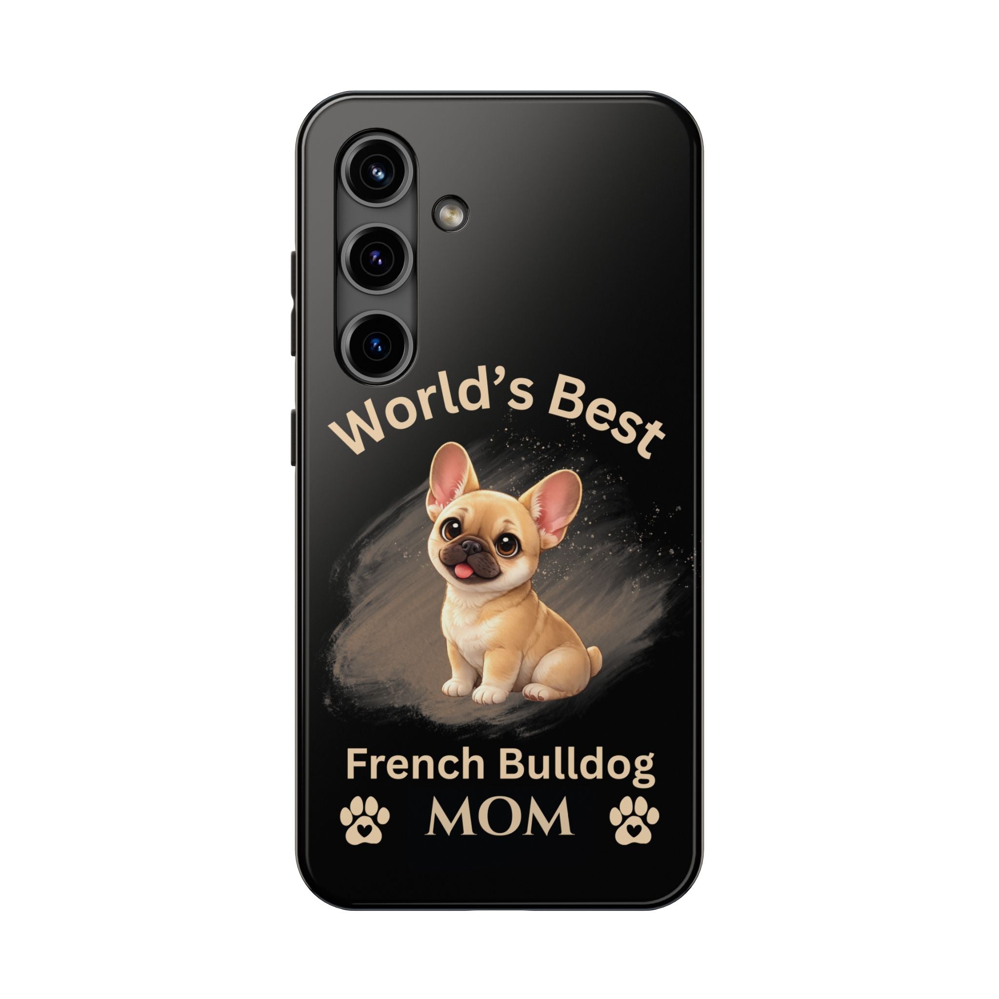 Phone case with a French Bulldog illustration and text 'World's Best French Bulldog Mom' on a black background