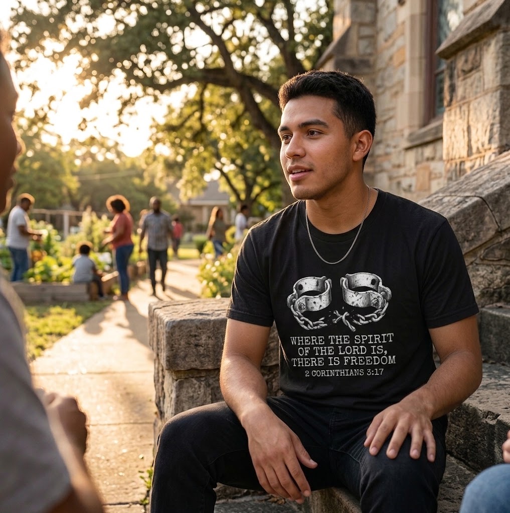 Young man wearing a black Where the Spirit of the Lord Is There Is Freedom 2 Corinthians 3:17 Christian t-shirt, sitting outside a stone church at golden hour, community gathering in background
