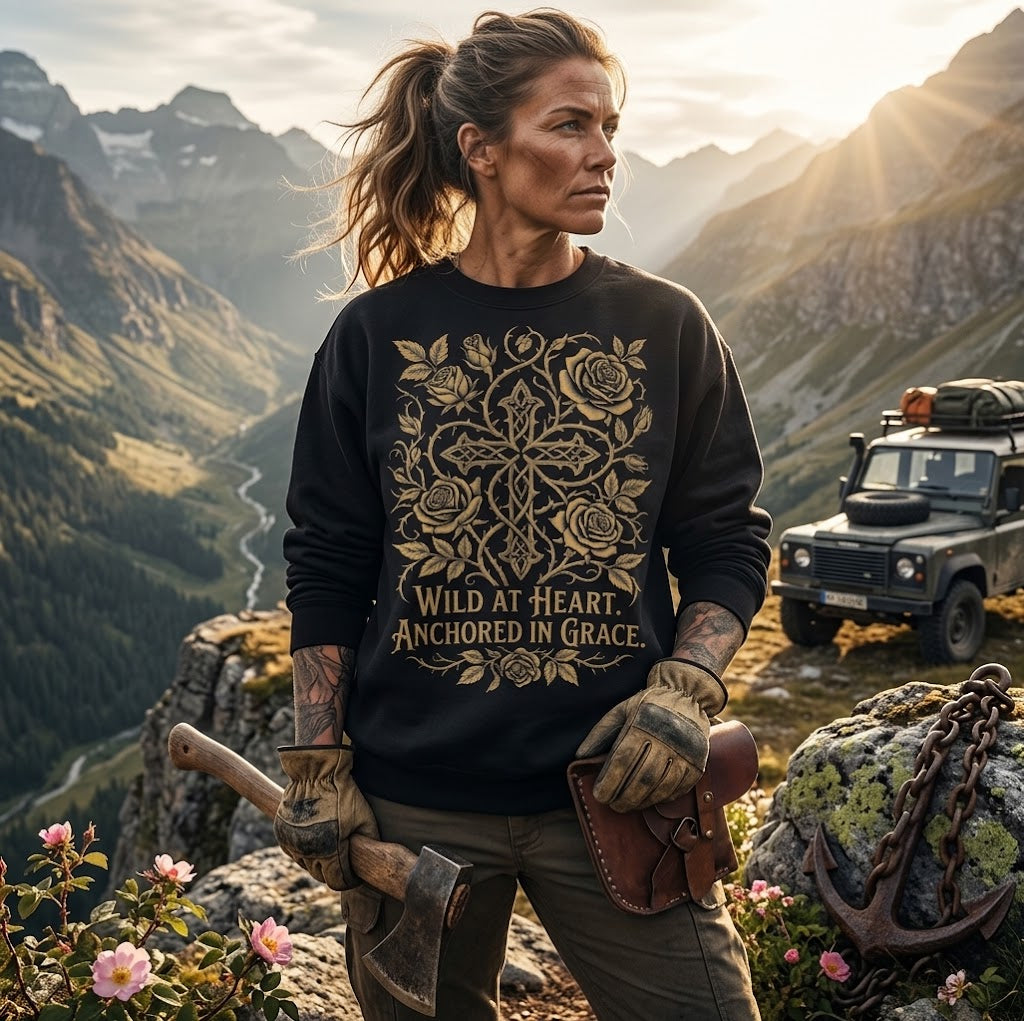 Woman wearing Wild at Heart Anchored in Grace faith floral crewneck sweatshirt in black, standing on mountain summit with Land Rover and axe