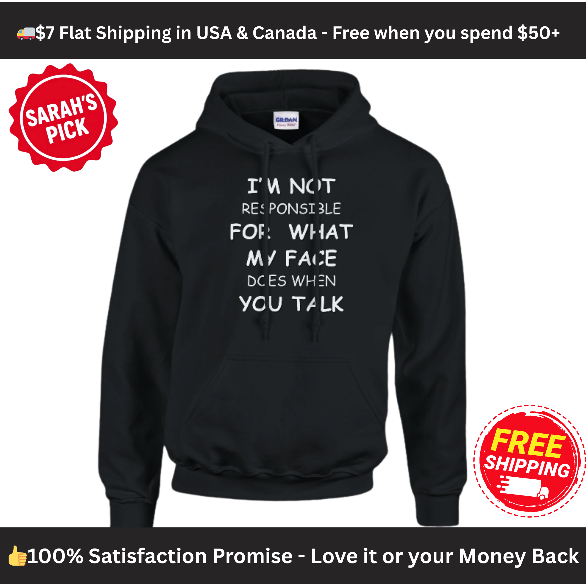 Funny Hoodie – "I’m Not Responsible for What My Face Does" Sarcastic Graphic | Gildan® 18500