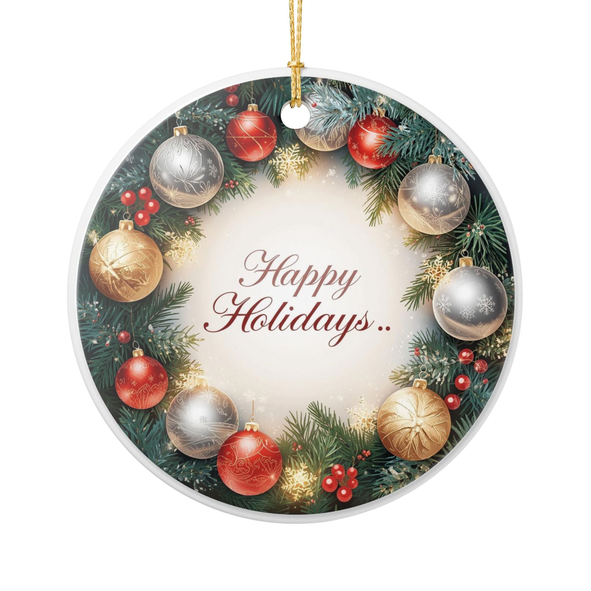 Festive Wreath Ceramic Ornament — Double-Sided Holiday Decor