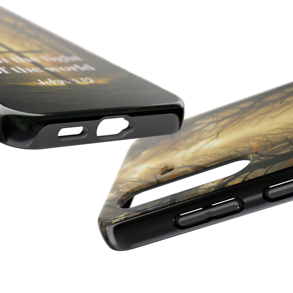 Christian Phone Case — "I Am the Light of the World" (John 8:12) Forest Cross Design