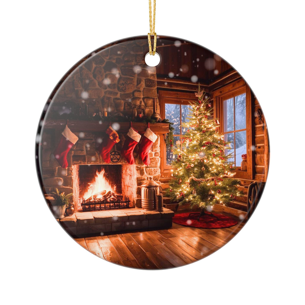 Cozy Fireplace & Christmas Tree Ceramic Ornament