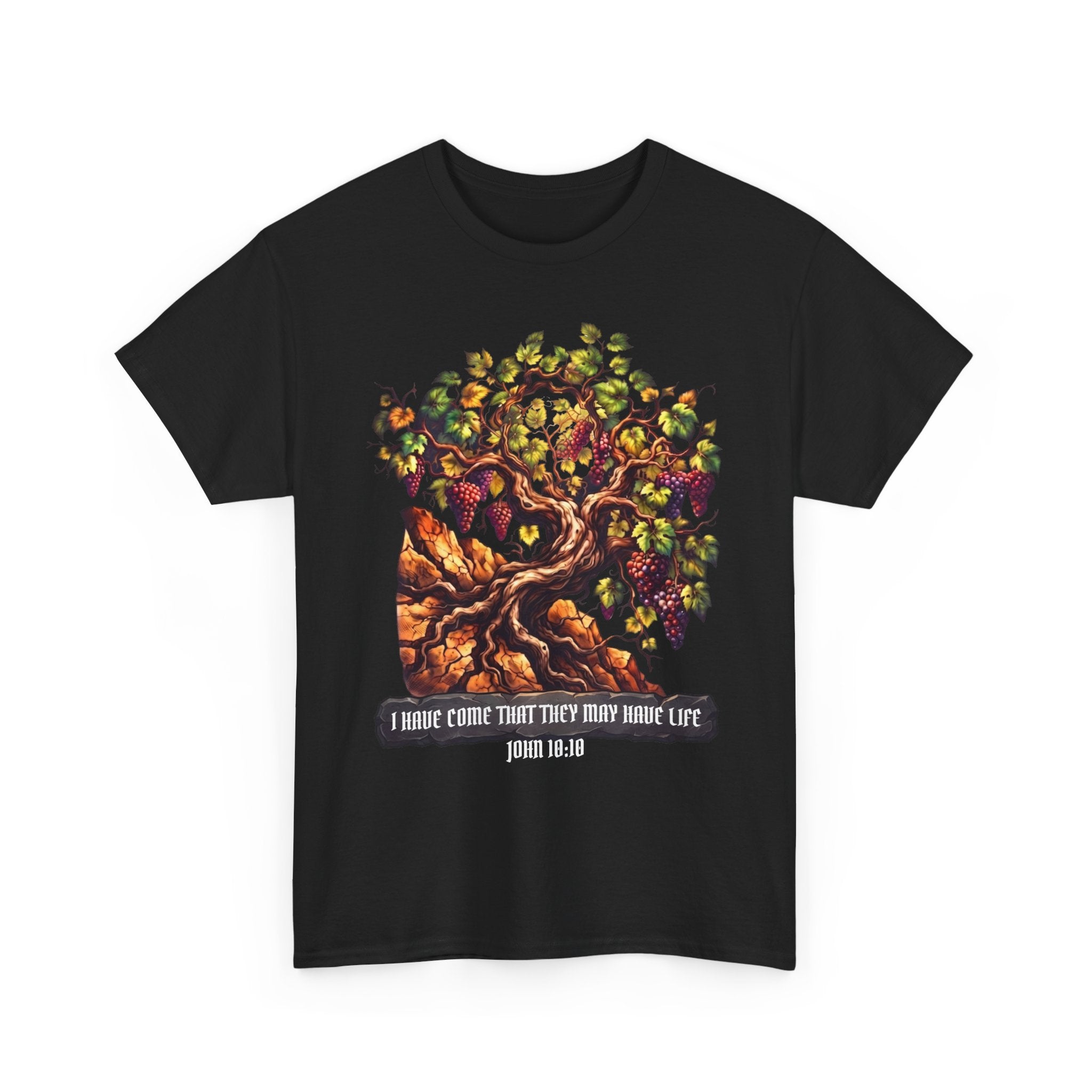 Black Christian t-shirt with full-front colorful grapevine and grape cluster design, John 10:10 "I Have Come That They May Have Life" gothic script, rich gold, green and purple tones on black