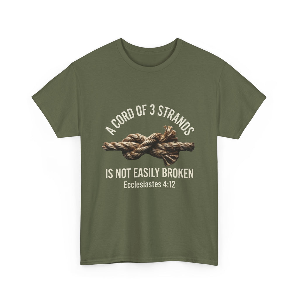 Cord of 3 Strands Is Not Easily Broken — Ecclesiastes 4:12 military green t-shirt with rope knot graphic, 100% cotton faith tee