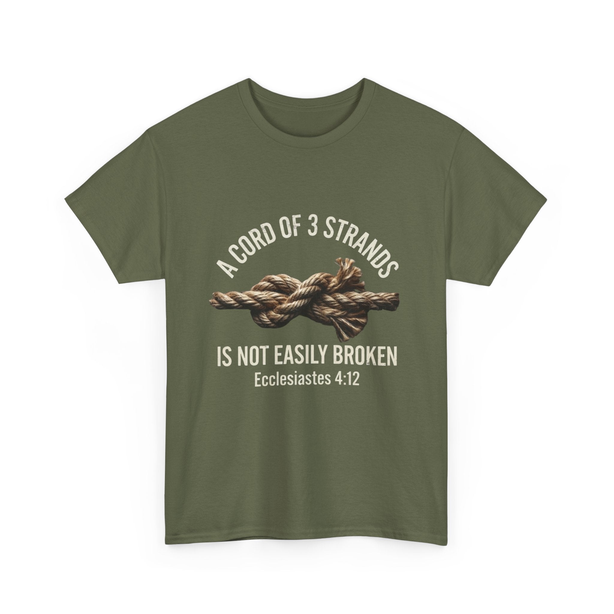 Cord of 3 Strands Is Not Easily Broken — Ecclesiastes 4:12 military green t-shirt with rope knot graphic, 100% cotton faith tee
