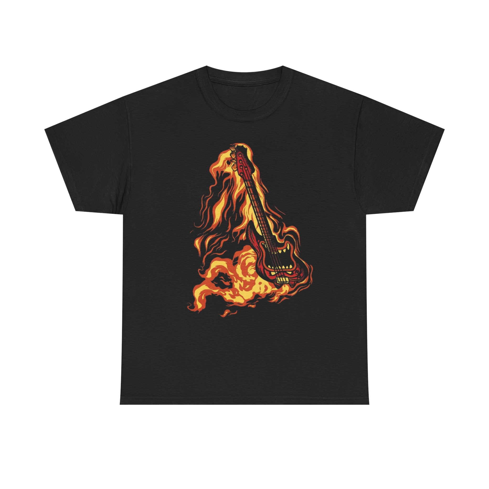Flaming Guitar T-Shirt — Fiery Rock Music Graphic Tee for Guitarists